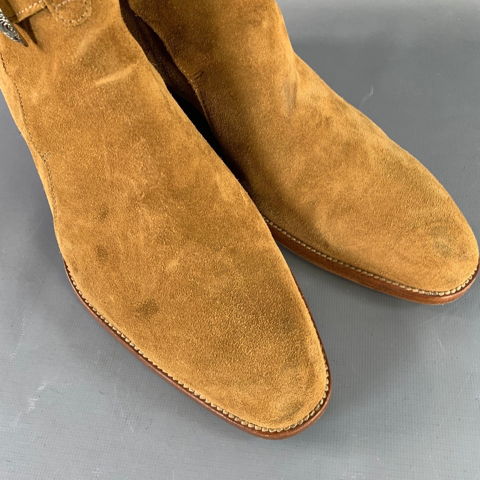Saint Laurent Paris Size 8 Hedi Strap Tan Silver Suede Western Buckle Boots Size US 8 / EU 41 - 10 Thumbnail