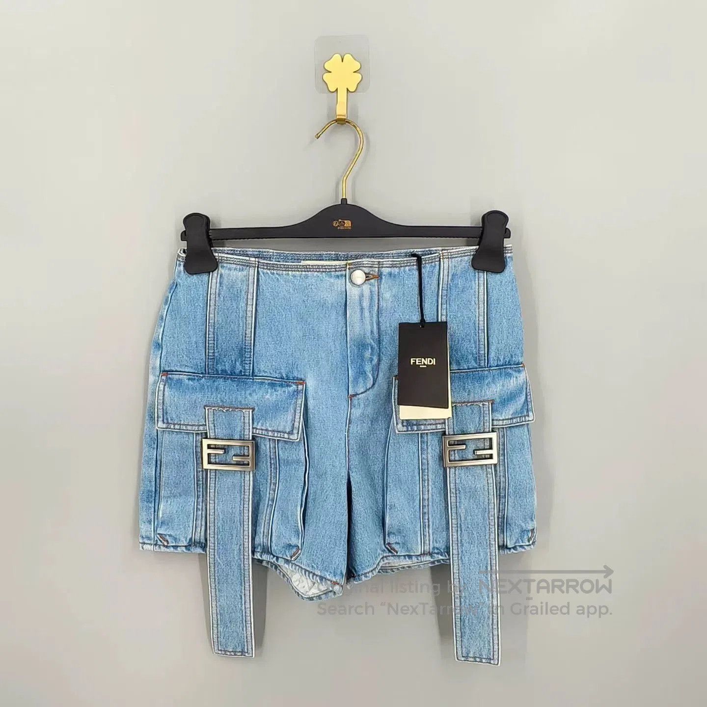 fendi blue cargo denim shorts with ties.