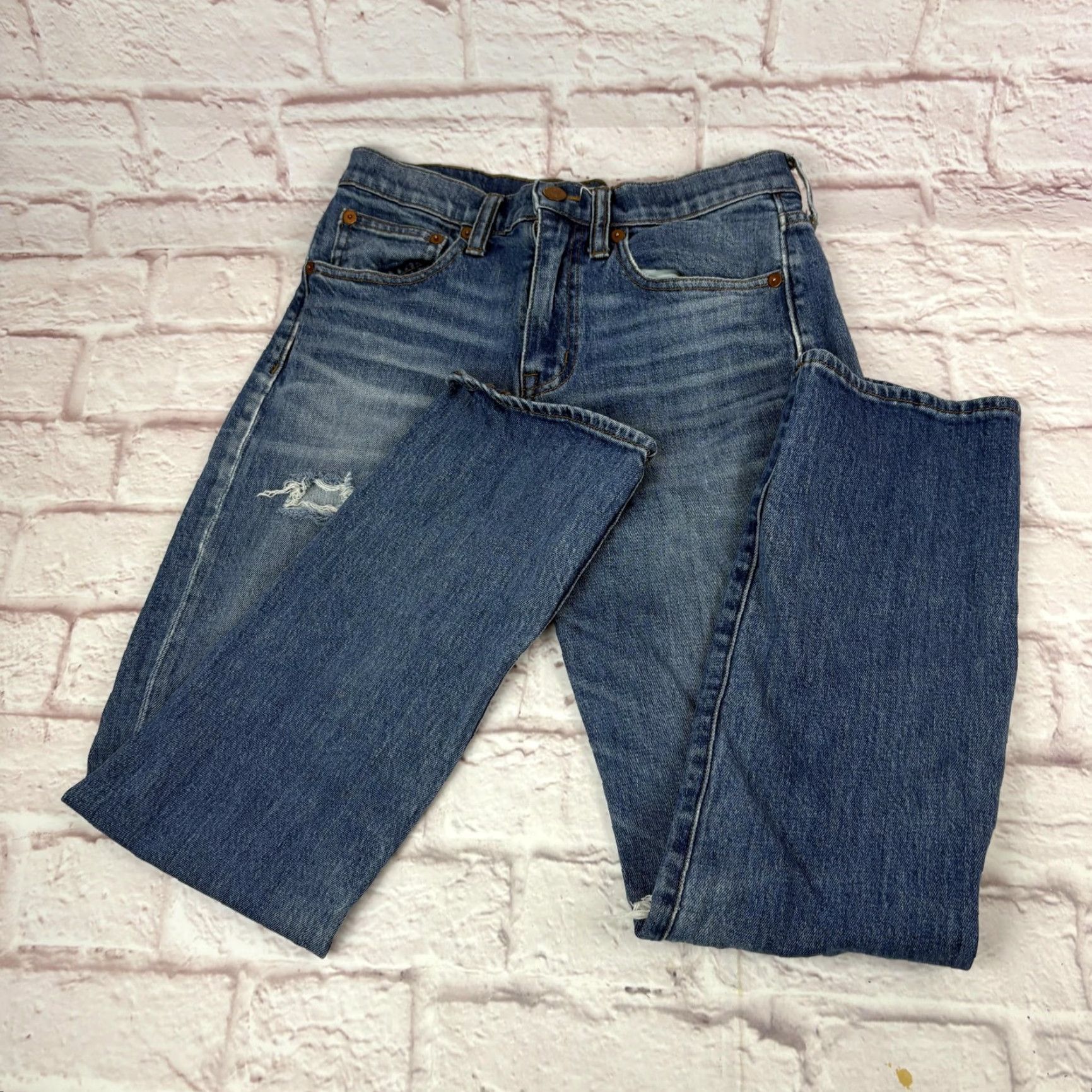 Madewell Madewell Jeans Womens 25 Blue Medium Wash Distressed 26x26 Denim Straight Crop 5-Pocket Zip Mid Rise Size 42" / US 20 - 2 Thumbnail