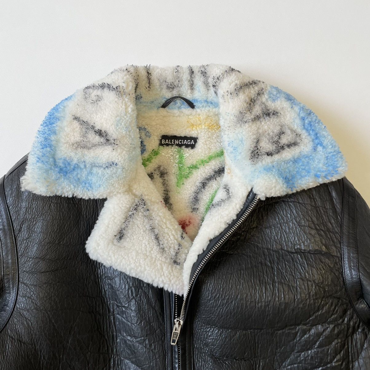 Balenciaga Black Leather ‘Graffiti’ Shearling Jacket Size US M / EU 48-50 / 2 - 4 Thumbnail