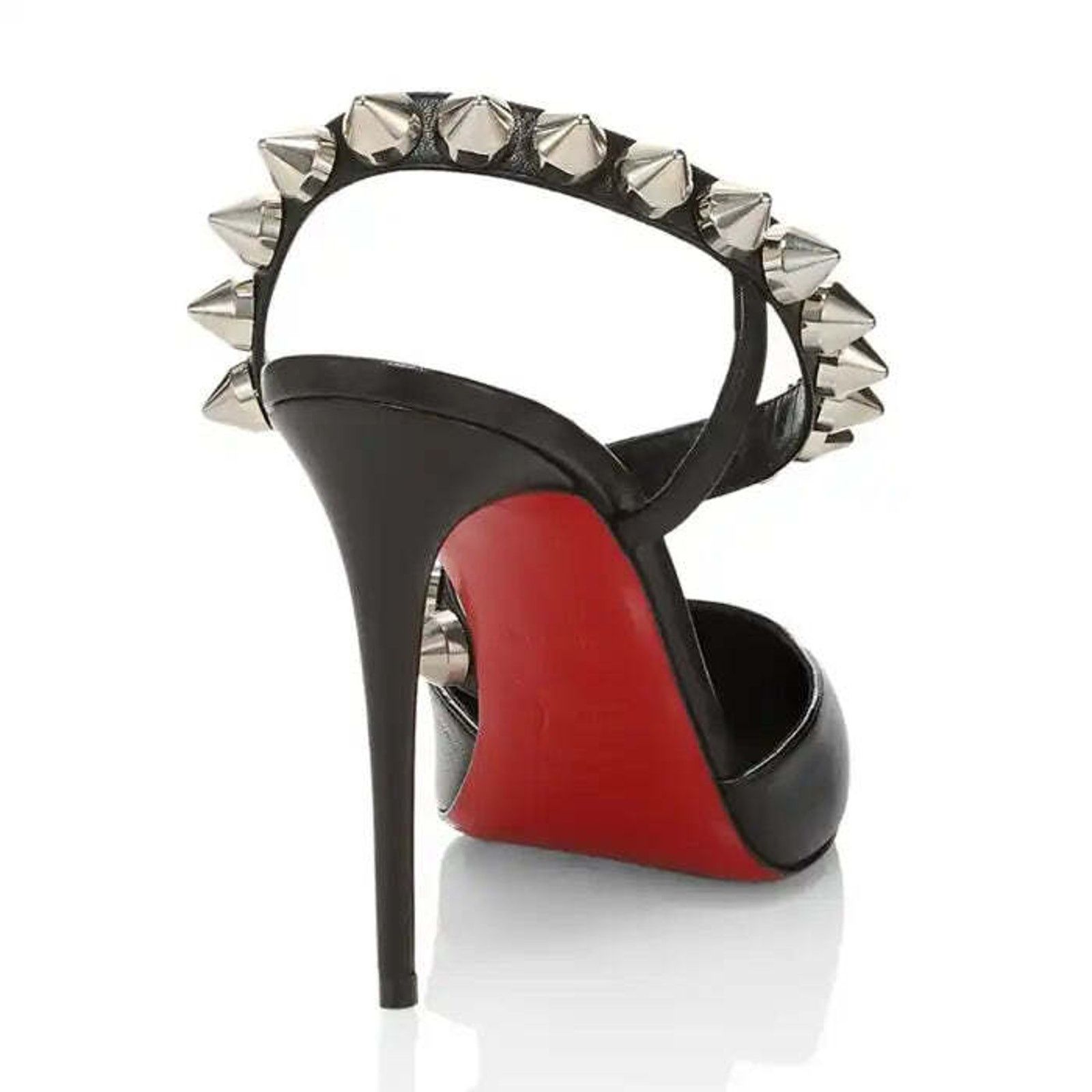 Christian Louboutin Spikita Pump 100 Black Silver Spike Strappy Sandal Heel 37.5 Size US 7.5 / IT 37.5 - 10 Thumbnail