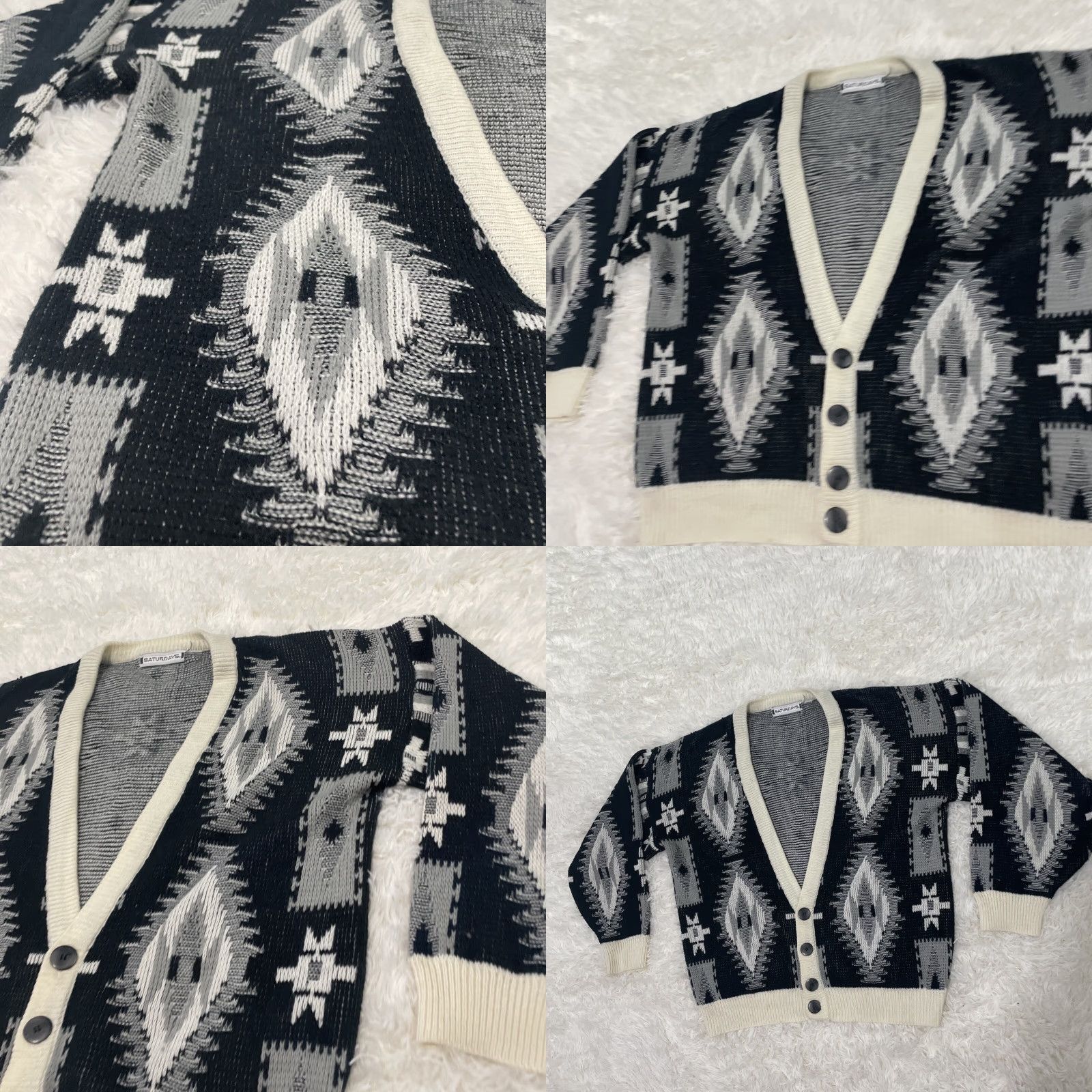 Saturdays NYC SATURDAYS Cardigan Sweater Geometric Black White Vintage 90s S Mens V-Neck Knit Crew Deck Casual Party/Cocktail Travel All Seasons Size US S / EU 44-46 / 1 - 10 Thumbnail