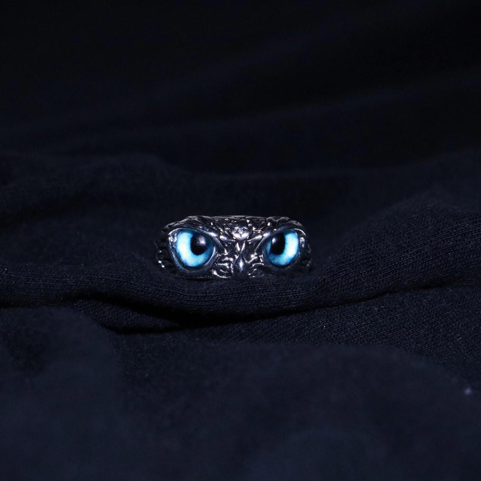 Jewelry Blue-Eyed Owl Ring, Gothic Jewelry, Adjustable Ring Size ONE SIZE - 4 Thumbnail