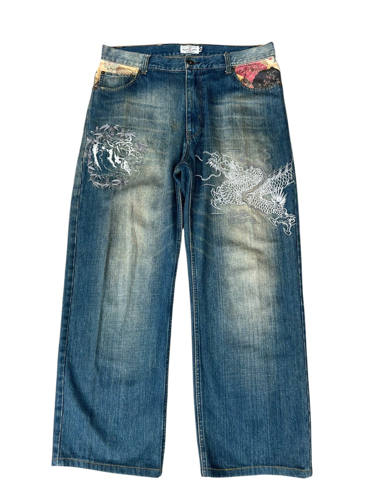 Vintage Dirty Mud KARAKURI GENERATION Embroidery Denim Jeans Size US 35 - 1 Thumbnail