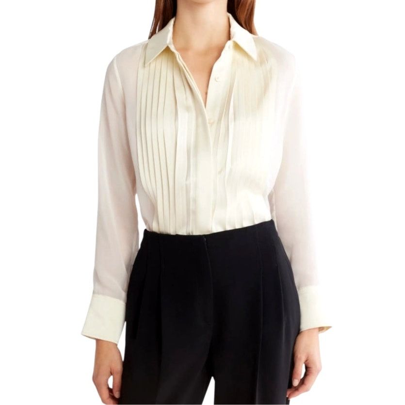 Ralph Lauren Women's Medium Cream Pleated Front Collar Button Up Top Size M / US 6-8 / IT 42-44 - 1 Thumbnail