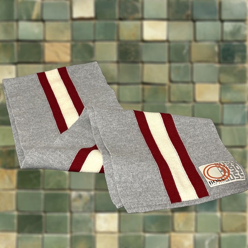 Hugo Boss VINTAGE Boss Hugo Boss Scarf Wool Blend Striped Gray Red White Mens Size ONE SIZE - 1 Thumbnail