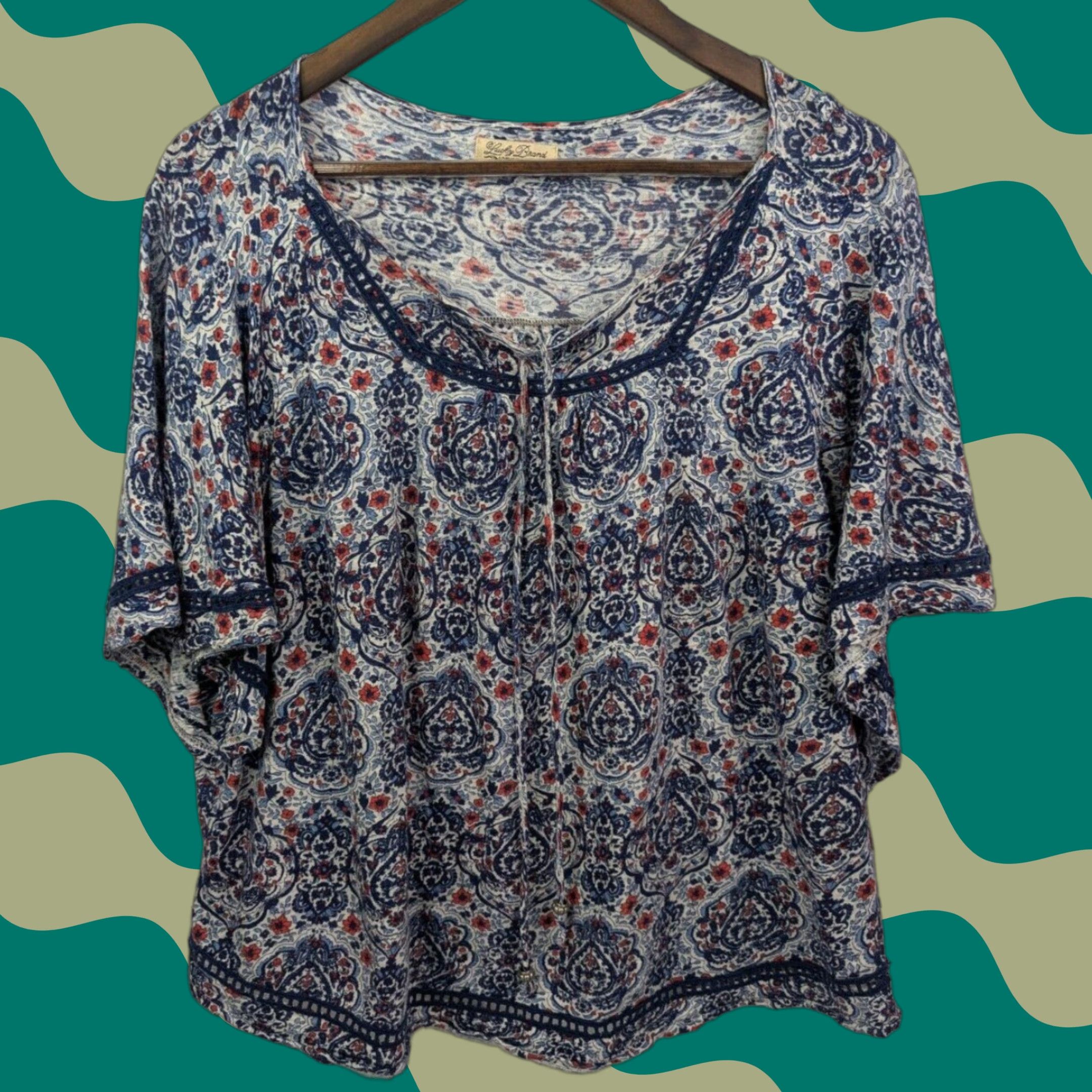 Lucky Brand Lucky Brand Blouse Shirt Women's 1X Geometric Short Sleeve Tie Front Top Multicolor Comfort Easy Care Casual Workwear 90s Style Ladies Size XL / US 12-14 / IT 48-50 - 1 Thumbnail