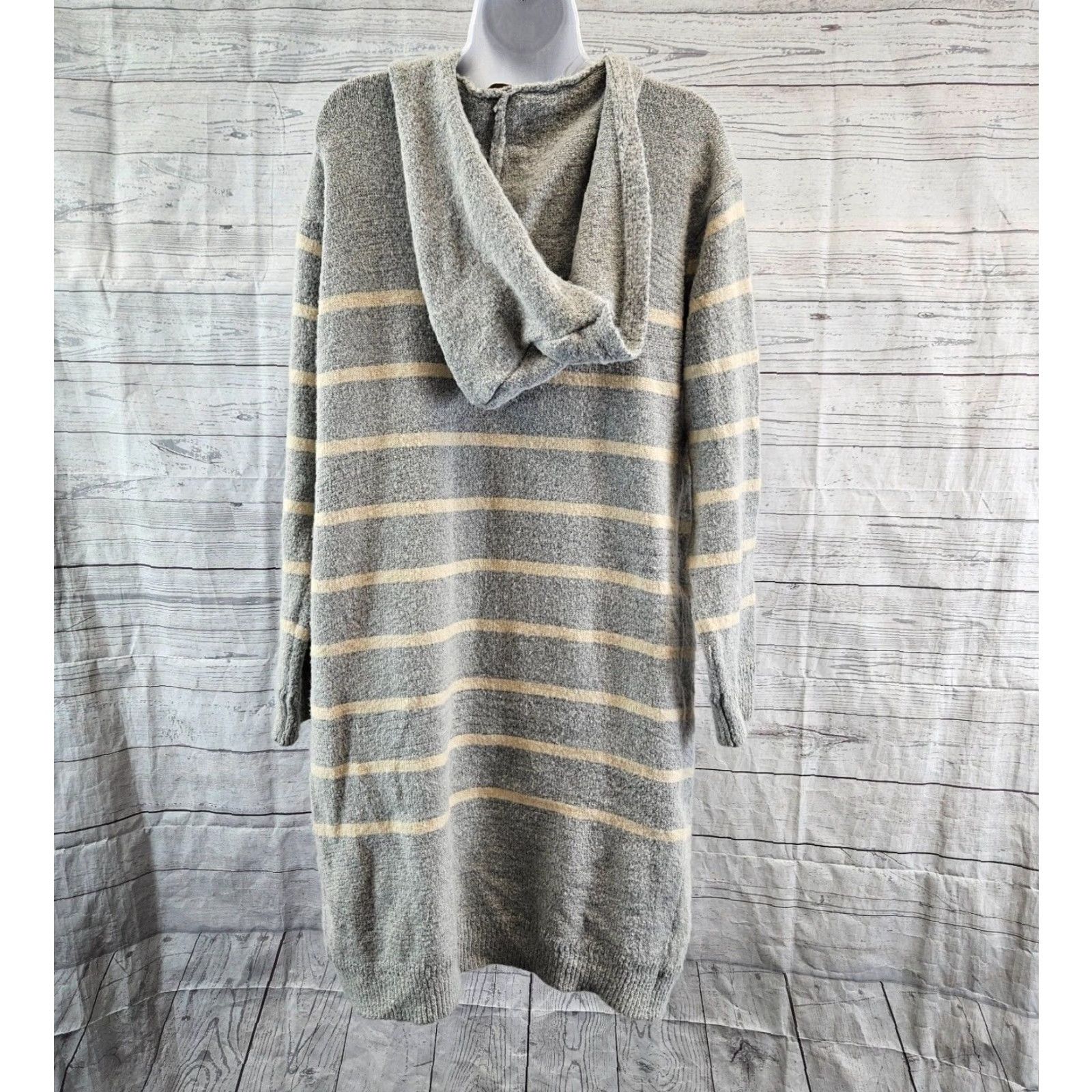 Vintage POL Duster Cardigan Sweatshirt Hooded Striped Gray Size S Women Long Sleeve Open Front Size S / US 4 / IT 40 - 3 Thumbnail