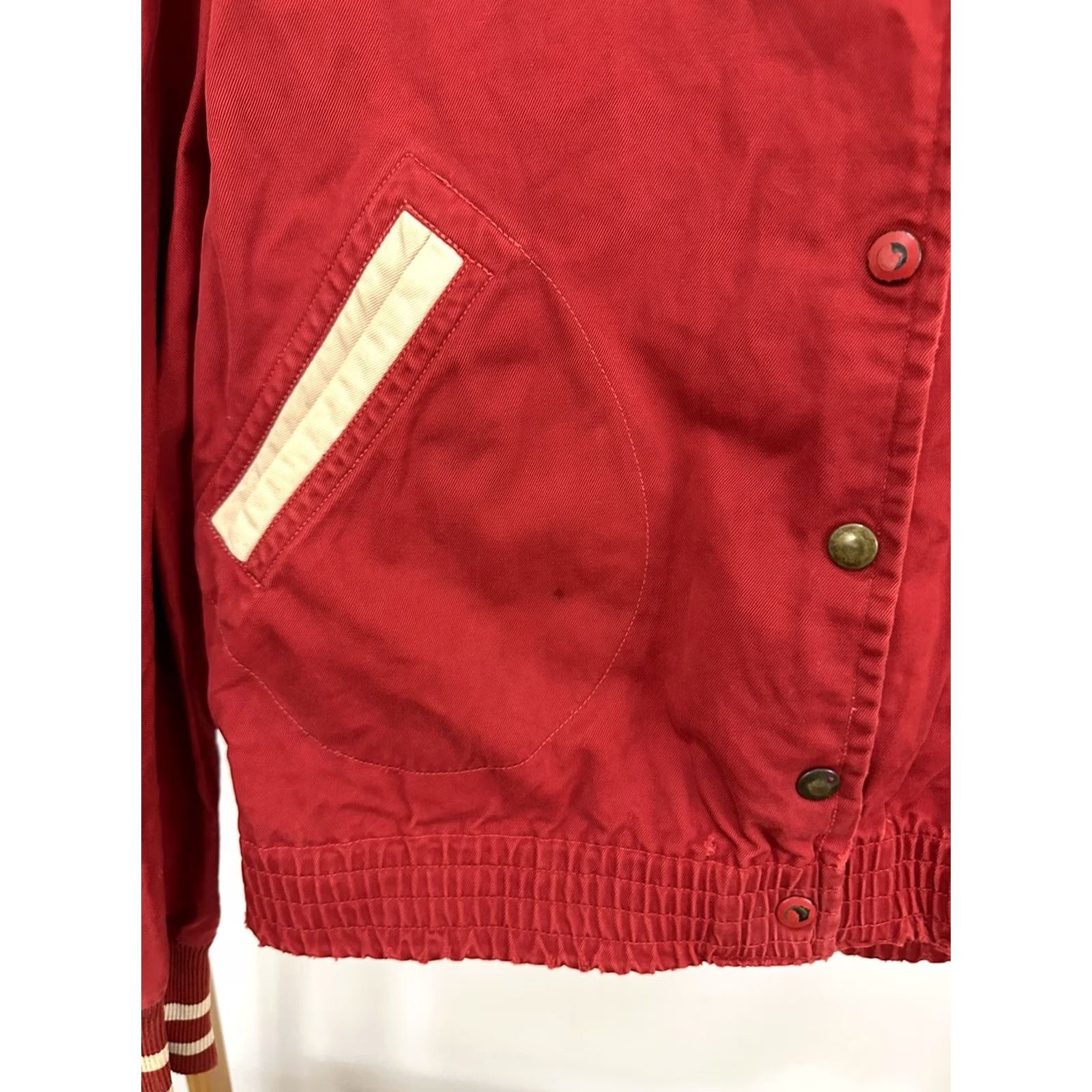 Vintage VTG Faul & Crymes Denton Striped Trim Varsity Bomber Jacket Sz 34 Womens 34 Red Size XXS / US 00 / IT 34 - 6 Thumbnail