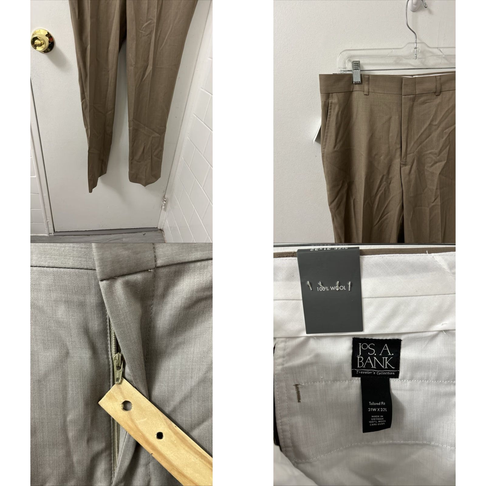 Vintage JOS A BANK Traveler Collection Pants Mens 31x32 Tan 100% Wool NWT Tailored Fit Dress Pants Workwear Wool Size US 31 - 8 Thumbnail