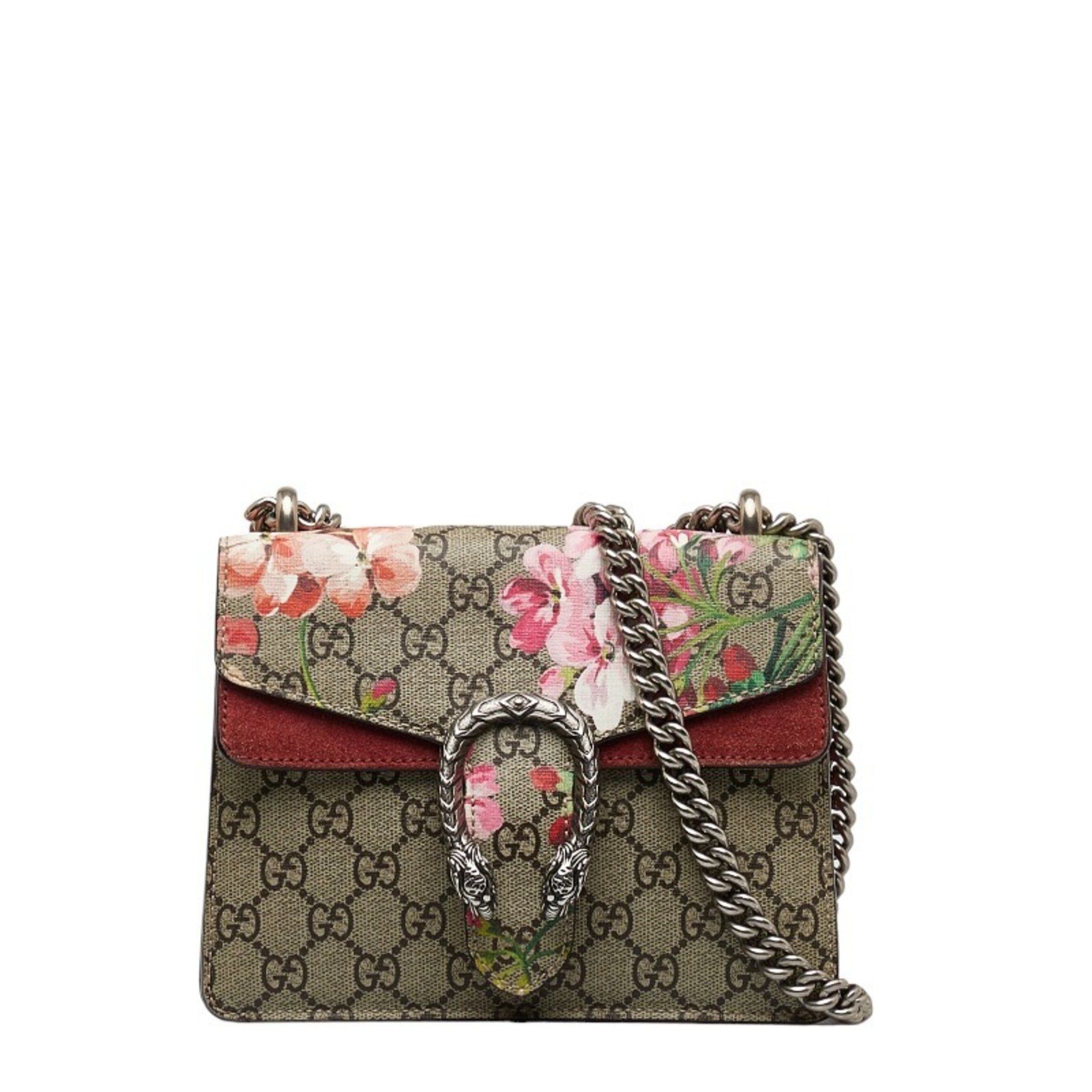 image of Gucci GG Blooms Dionysus Chain Shoulder Bag 421970 Beige Wine Red Pvc Suede Women's Gucci
