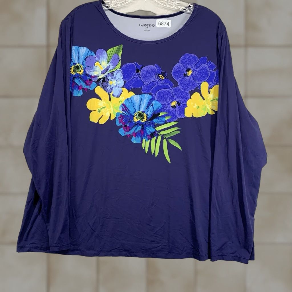 Lands' End VINTAGE Lands' End Women's Blouse 2X Plus Size Long Sleeve Floral Print Lightweight Stretchy Blue Casual Size XXL / US 16-18 / IT 52-54 - 1 Thumbnail