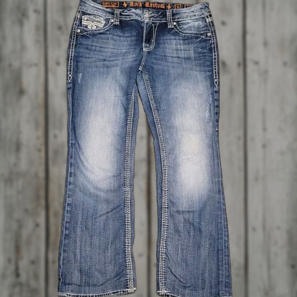 Vintage ROCK REVIVAL Jeans Womens Size 30 Bootcut Denim 5-Pocket Embroidered Rhinestone Anzelie Mid Rise Blue Size 30" / US 8 / IT 44 - 1 Thumbnail