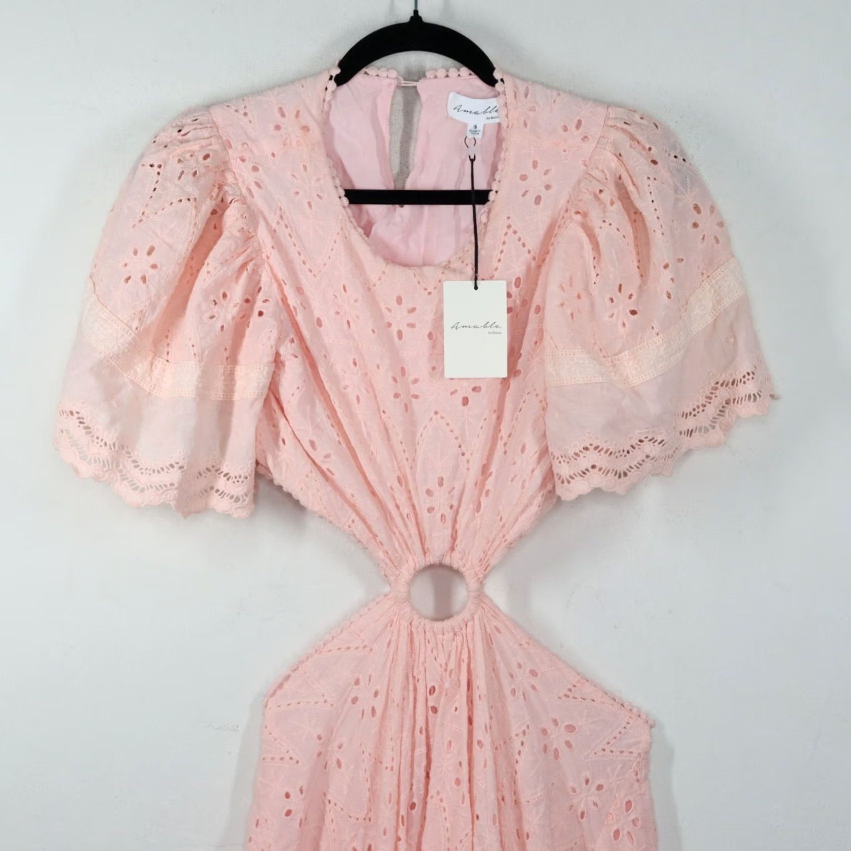 Pinko Amable by Mable Maxi Dress Womens Size Small Pink Cut Out Eyelet Puff Sleeve NWT Size S Pink Puff Sleeve Cotton Blend Round Neck NWT Women Dress Long Size S / US 4 / IT 40 - 2 Thumbnail