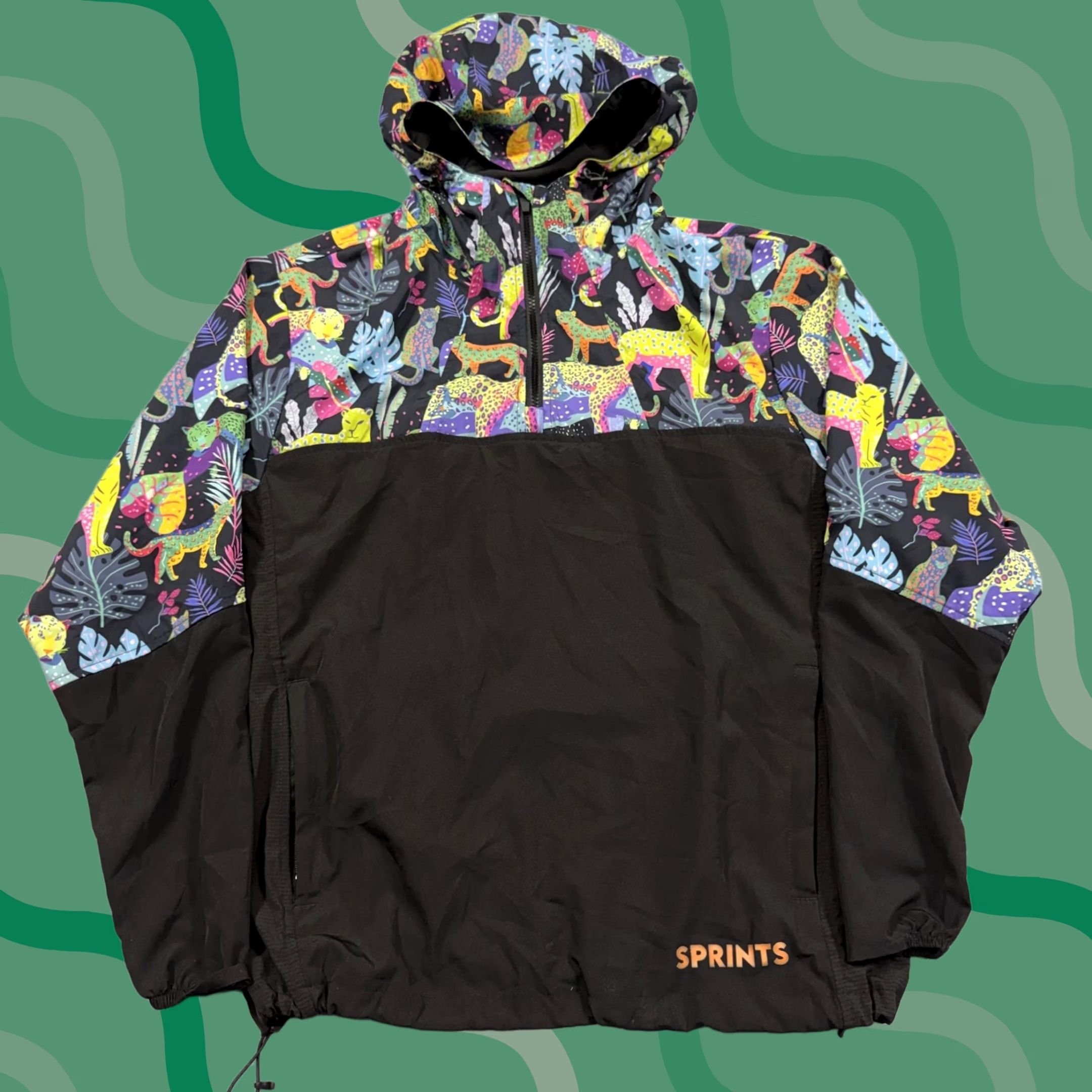 Vintage Sprints Jacket Mens Large Black Hooded 1/2 Zip Animal Print Running Windbreaker Size US L / EU 52-54 / 3 - 1 Thumbnail