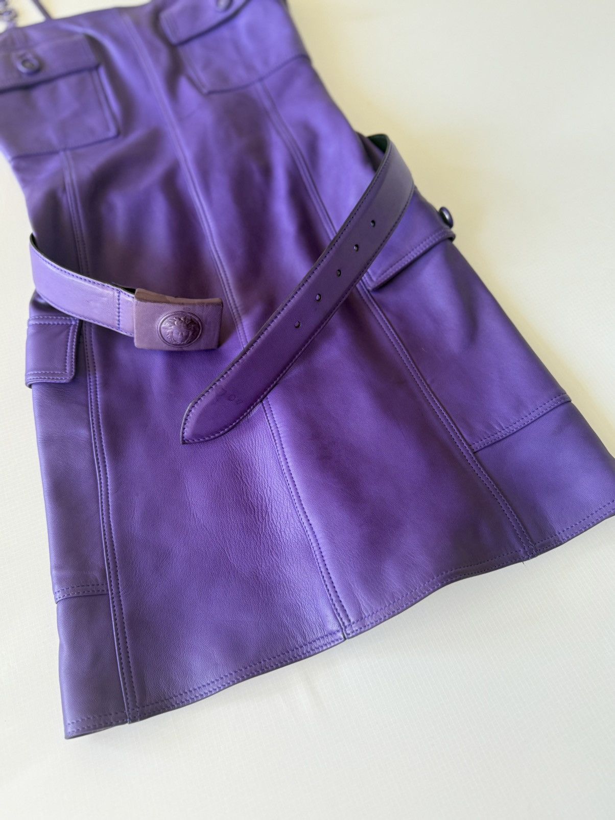 Versace Gianni Versace 1996 F/W Purple Leather Belted Shift Dress Size S / US 4 / IT 40 - 6 Thumbnail
