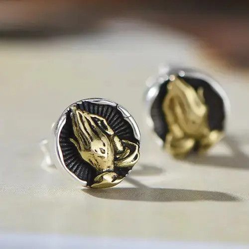 Other 925 Silver Plated Praying Hands Stud Earrings for Men Women Size ONE SIZE - 1 Thumbnail