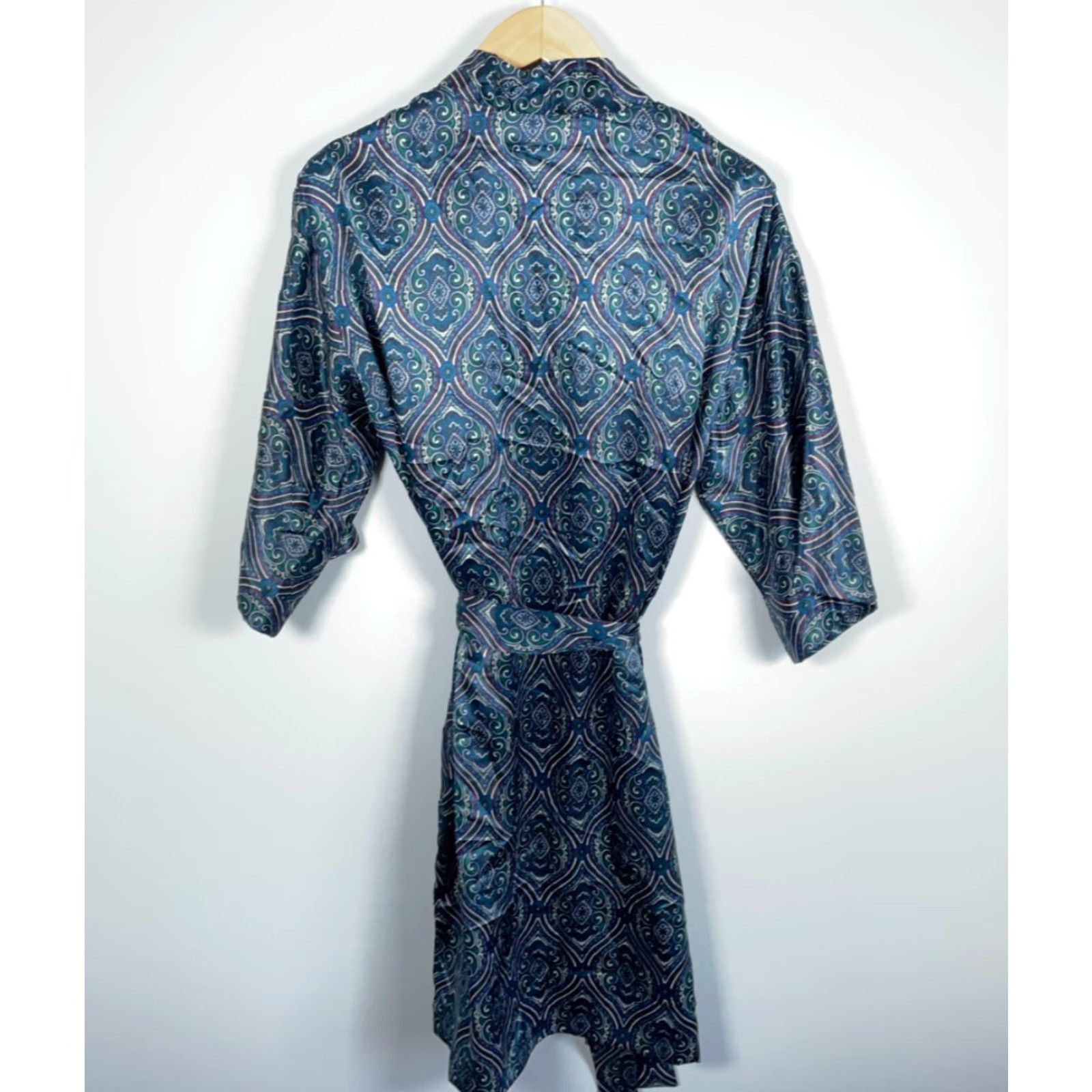 Vintage Frederick's of Hollywood Belted Robe One Size Blue Paisley Satin Kimono Retro Women’s Robe Belted Kimono Size ONE SIZE - 3 Thumbnail