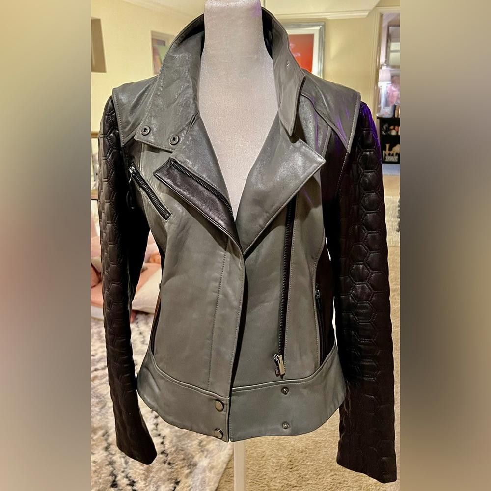 Designer Badgley Mischka Black/Grey Leather Motorcycle Jacket M Size M / US 6-8 / IT 42-44 - 3 Thumbnail