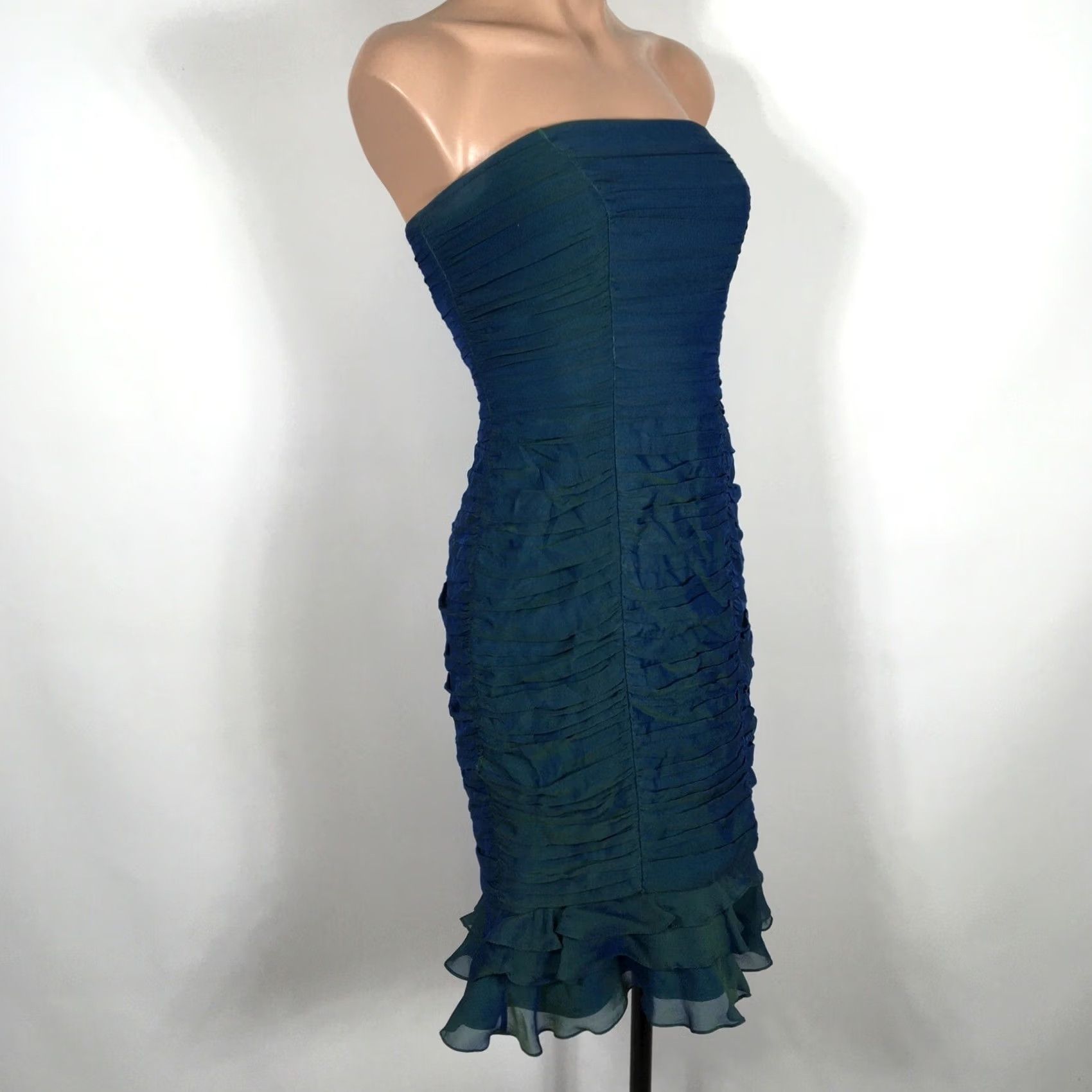 Tadashi Shoji VINTAGE TADASHI COLLECTION 100% SILK Mermaid DRESS 4 Sweetheart Ruched Ruffle Green Blue Womens Size S / US 4 / IT 40 - 5 Thumbnail