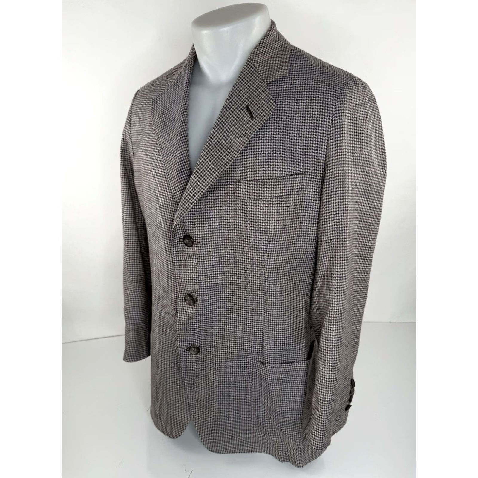 Vintage LUCIANO BARBERA Blazer Jacket / Houndstooth Cashmere Linen Silk US 42 Three-Button Brown Beige Men Blazer Mens Size 42R - 3 Thumbnail
