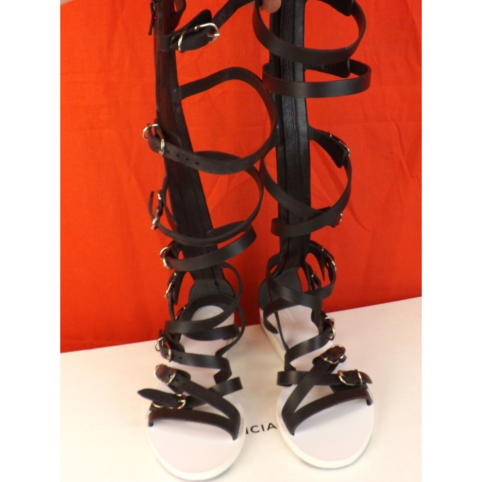 Balenciaga NEW BALENCIAGA BLACK LEATHER GLADIATOR TALL FLAT SANDALS 38 Size US 8 / IT 38 - 3 Thumbnail