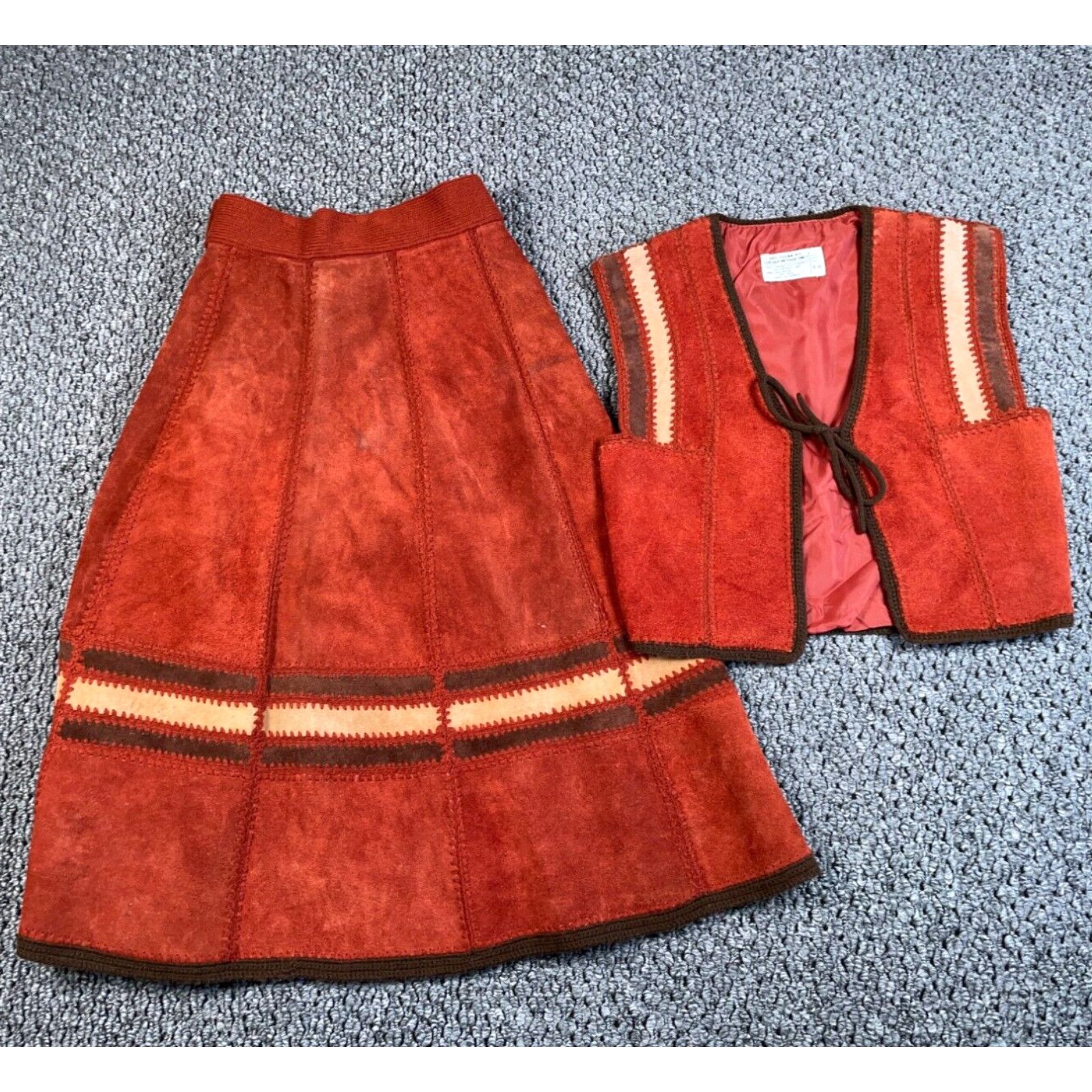 image of Vintage VTG Cowhide Split Leather Vest + Skirt Women's Small Burnt Orange Crochet Boho in White