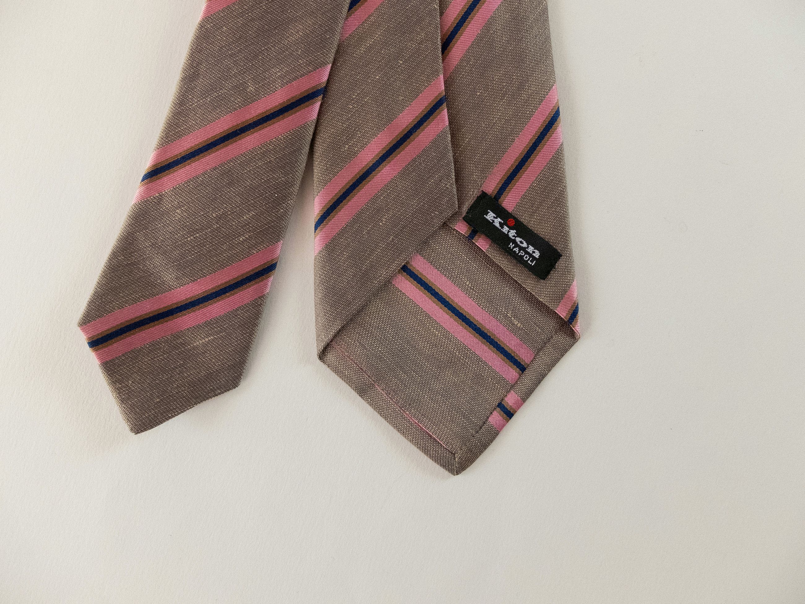 Kiton KITON Napoli hand made 7 fold beige striped silk linen tie Size ONE SIZE - 3 Thumbnail