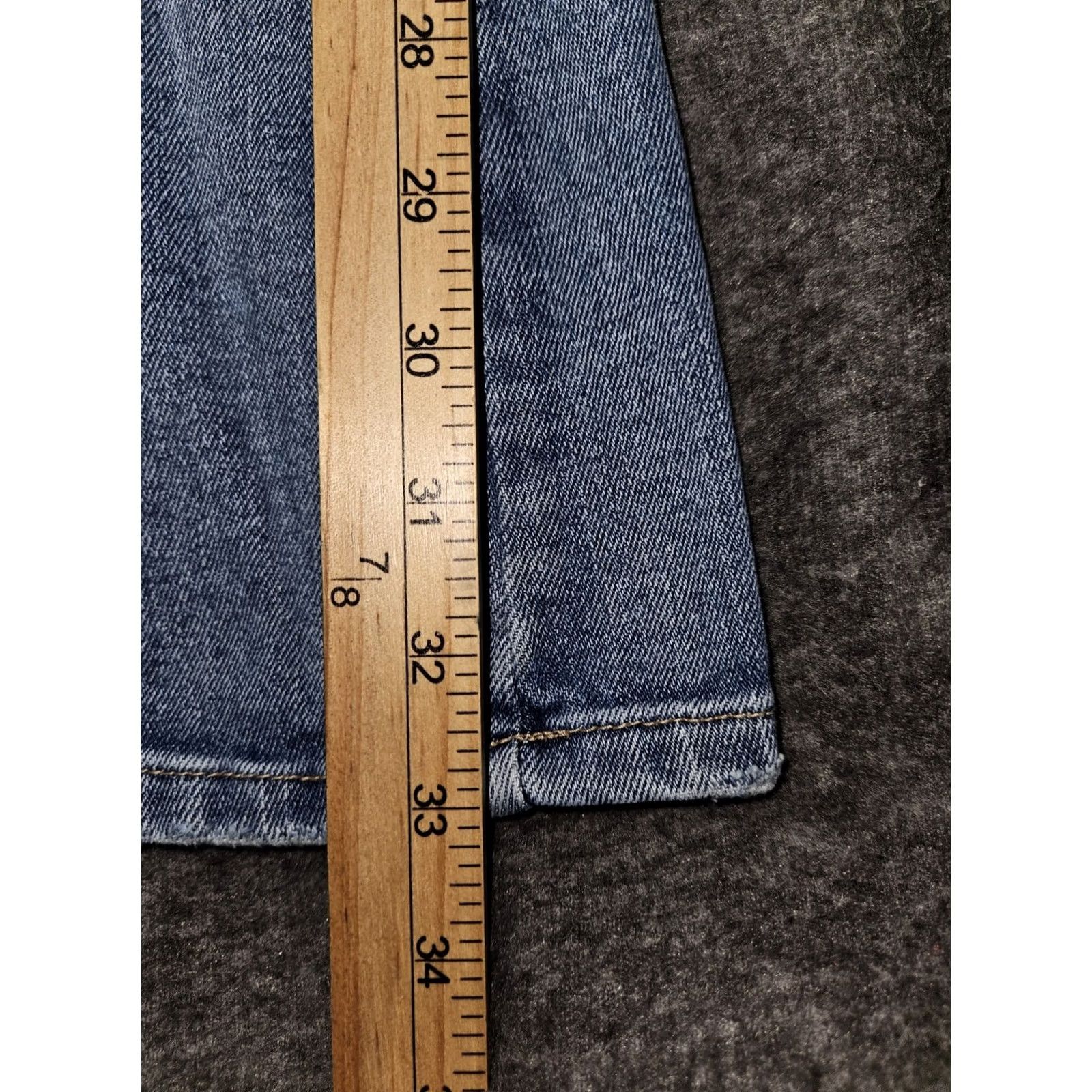 Vintage Kancan High Waist Flare Jeans Women's 1/24 Blue Stretch Distressed 5-Pocket Logo Zipper Button Hippie Bohemian 90s Juniors Womens 33in Inseam Size 25" / US 0 / IT 36 - 6 Thumbnail