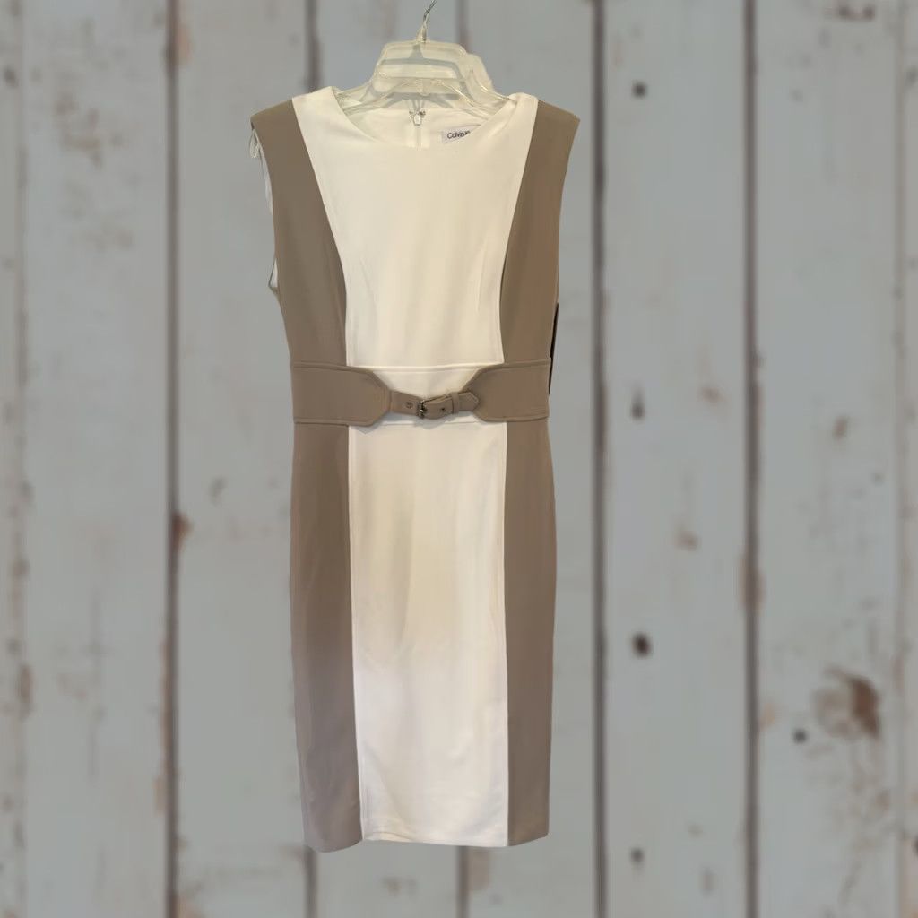Calvin Klein Calvin Klein Women's Sheath Dress Belted Colorblock Beige Tan Size 4 NWT Size S / US 4 / IT 40 - 1 Thumbnail