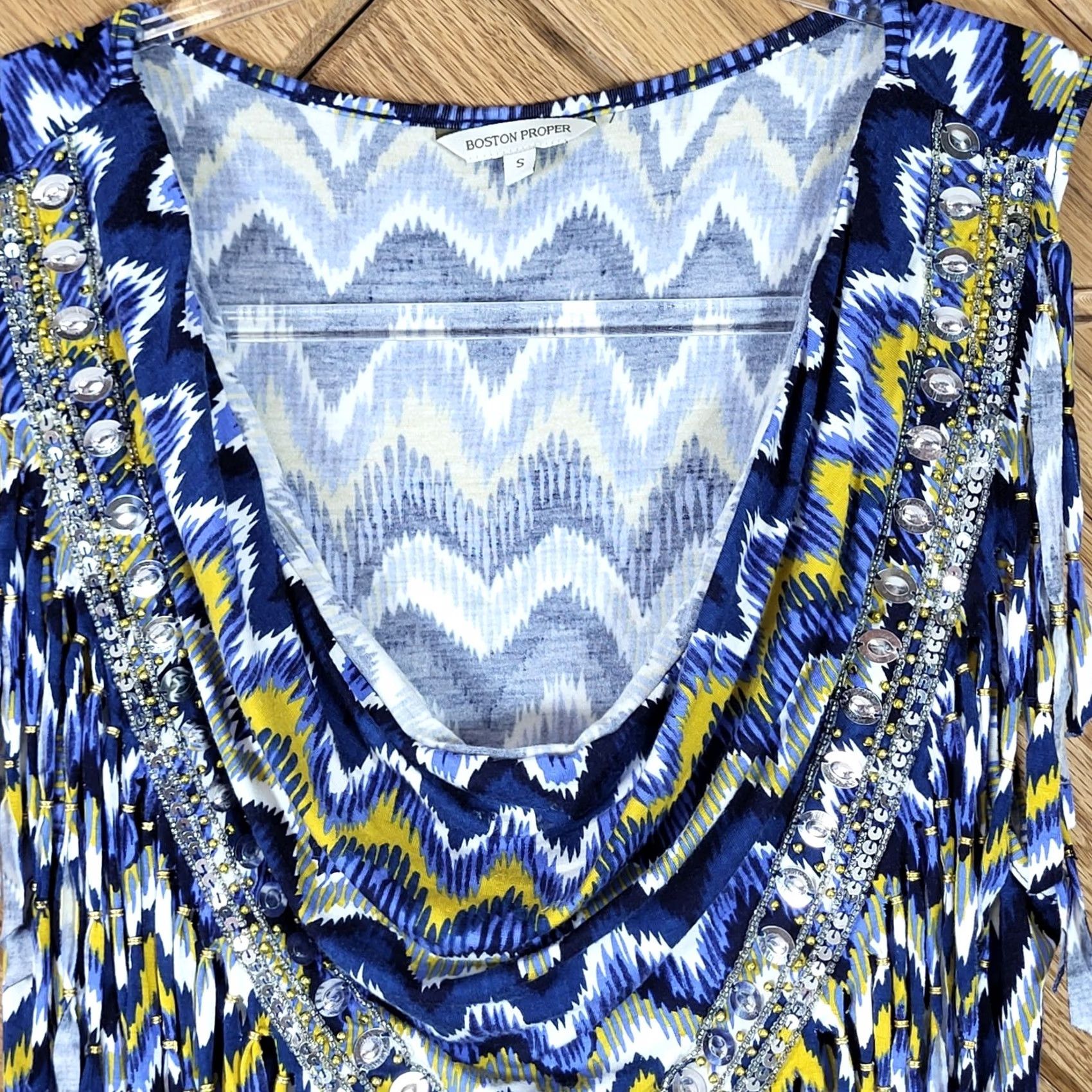 Boston Proper Boston Proper Tank Top Womens Small Embellished Fringe Chevron Blue Yellow Size S / US 4 / IT 40 - 2 Thumbnail