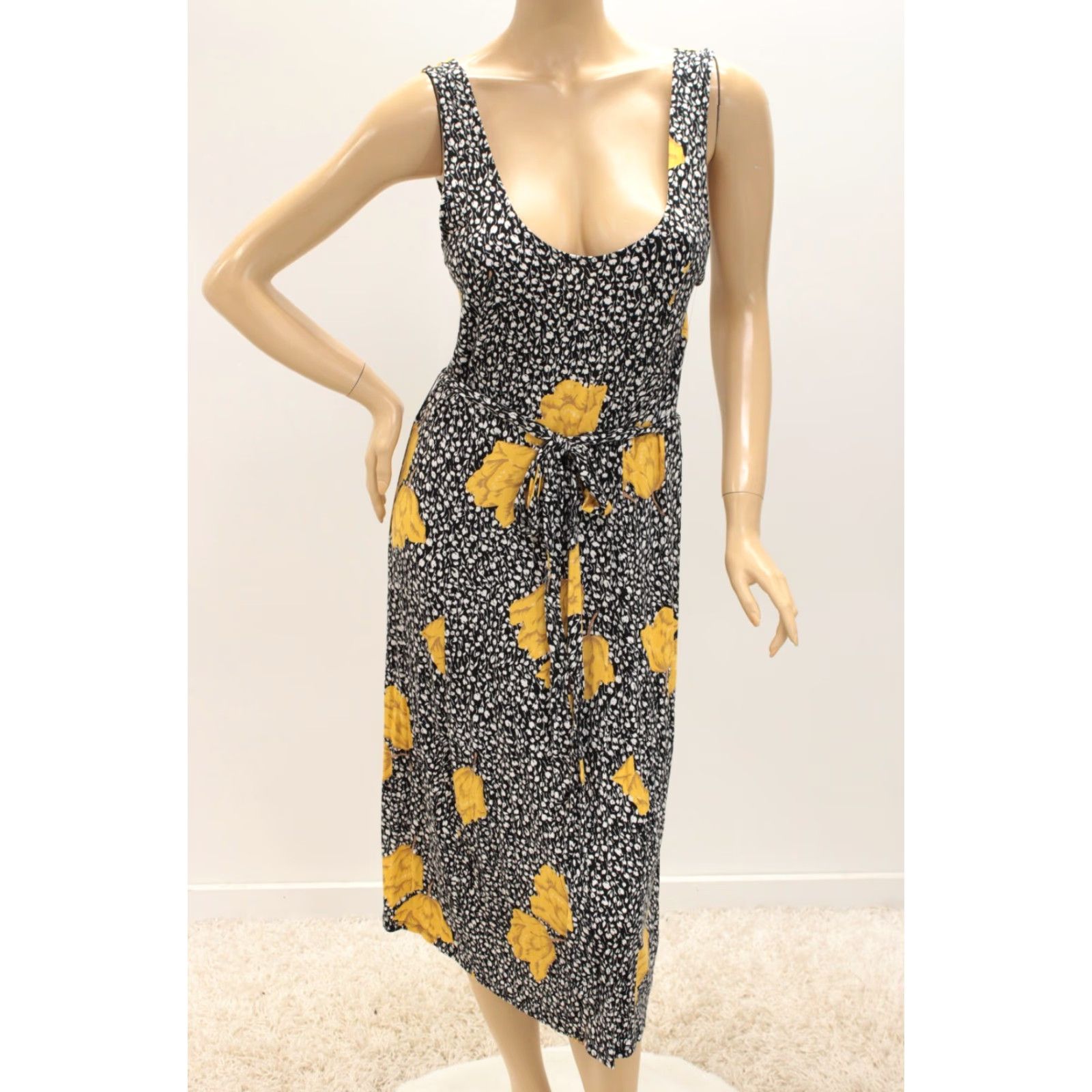 Vintage VINTAGE ModCloth Slip Dress Women's Medium Black Floral Cottagecore Midi Sleeveless A-Line Belted Retro Flower 90s Womens Size M / US 6-8 / IT 42-44 - 5 Thumbnail