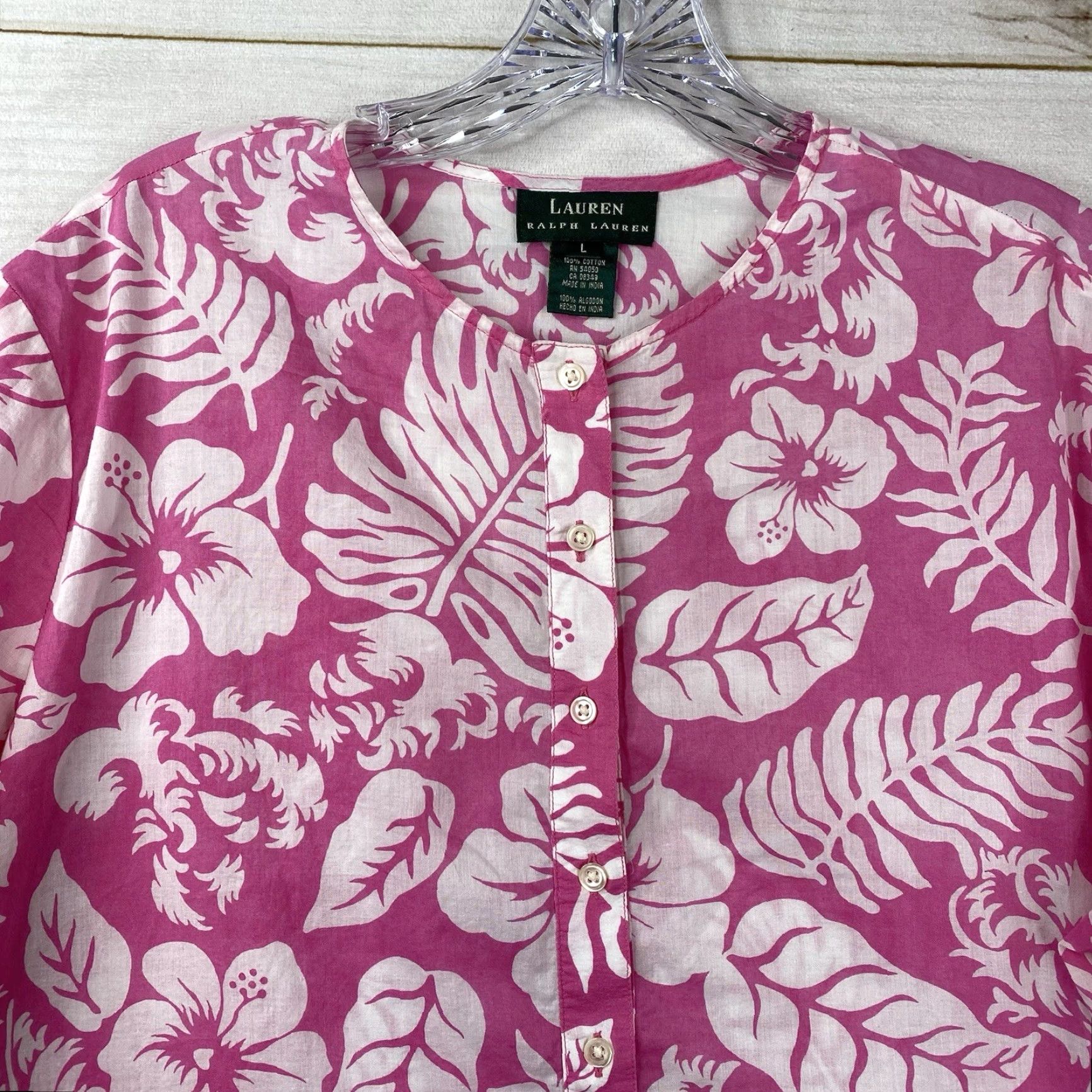 Ralph Lauren Ralph Lauren LRL Top Womens L Pink White Floral Lightweight Cotton Button Up Shirt Womens Colorful Floral 3/4 Sleeve Casual Size L / US 10 / IT 46 - 2 Thumbnail
