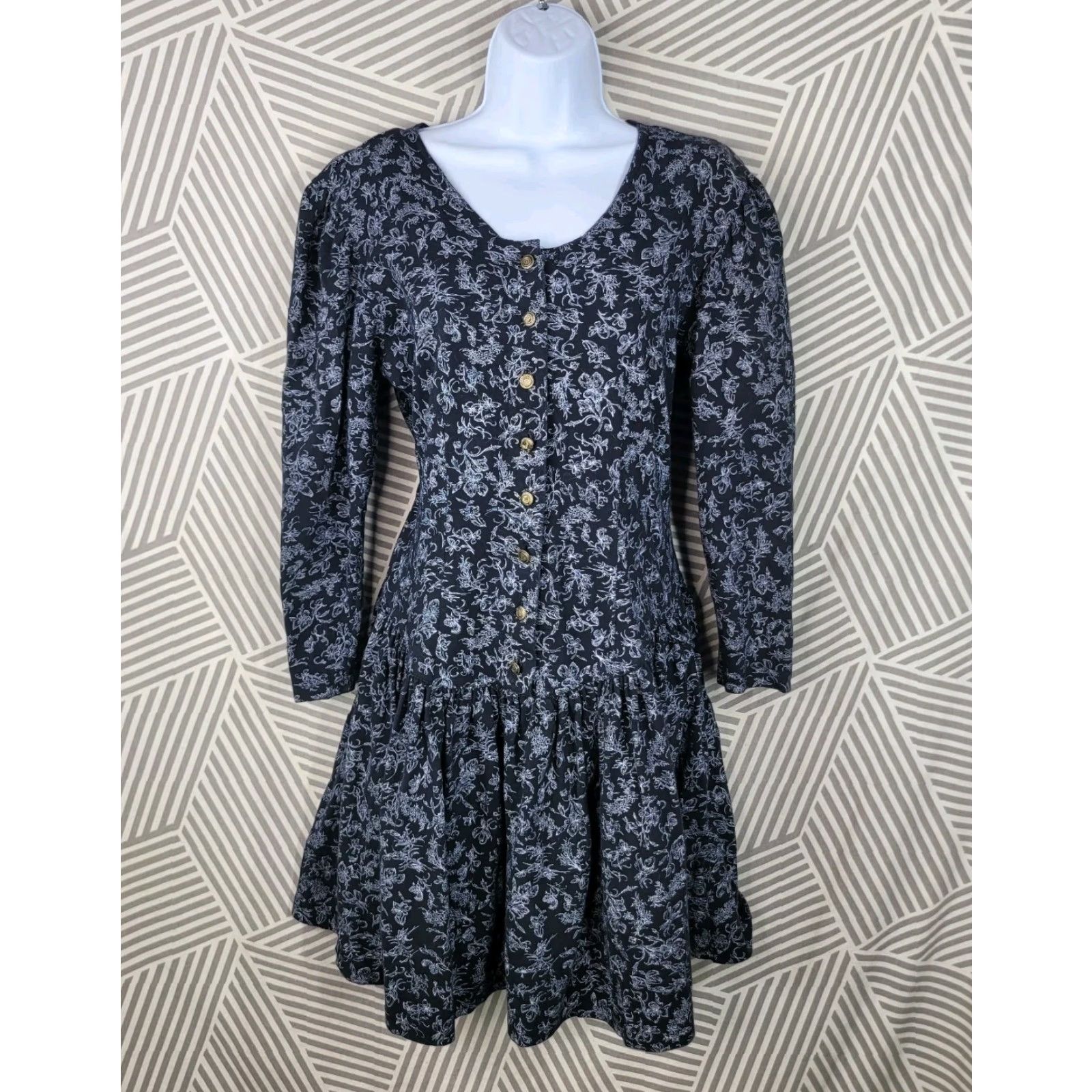 VINTAGE Shirt Dress 10 Medium Floral Alt Puff Ruffle Flare Skirt Black  Grunge