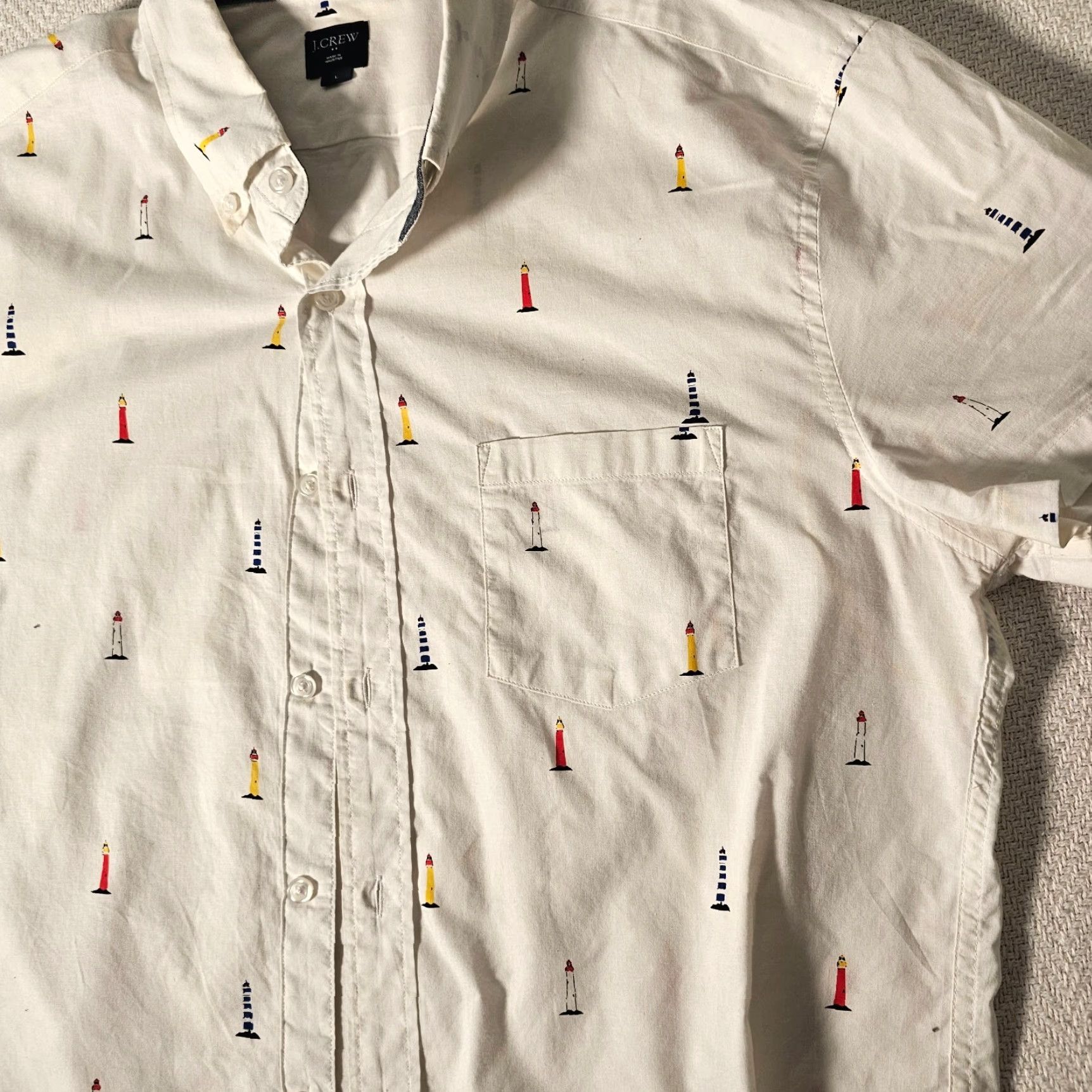 J.Crew J.Crew Mens Large Short Sleeve Button Up Shirt Light House Logo Colorful Preppy Logo All Over Print White Cotton Button-Up Casual Mens L Size US L / EU 52-54 / 3 - 4 Thumbnail