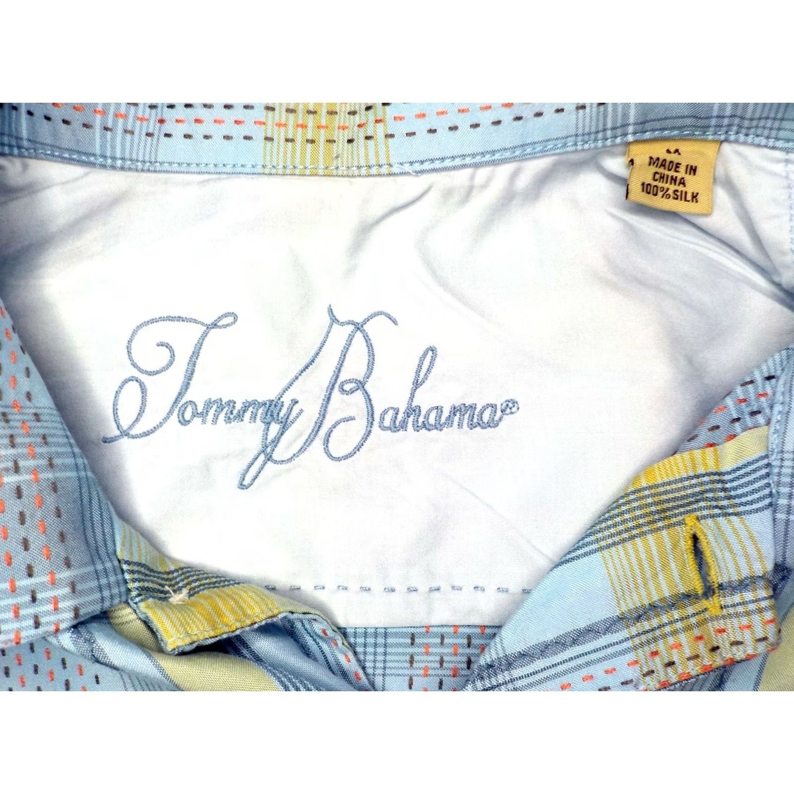 Tommy Bahama Tommy Bahama Button-Front Silk Shirt SZ Medium Men Blue Yellow Orange Plaid Palm Tree Embroidered SS Shirt Size US M / EU 48-50 / 2 - 5 Thumbnail