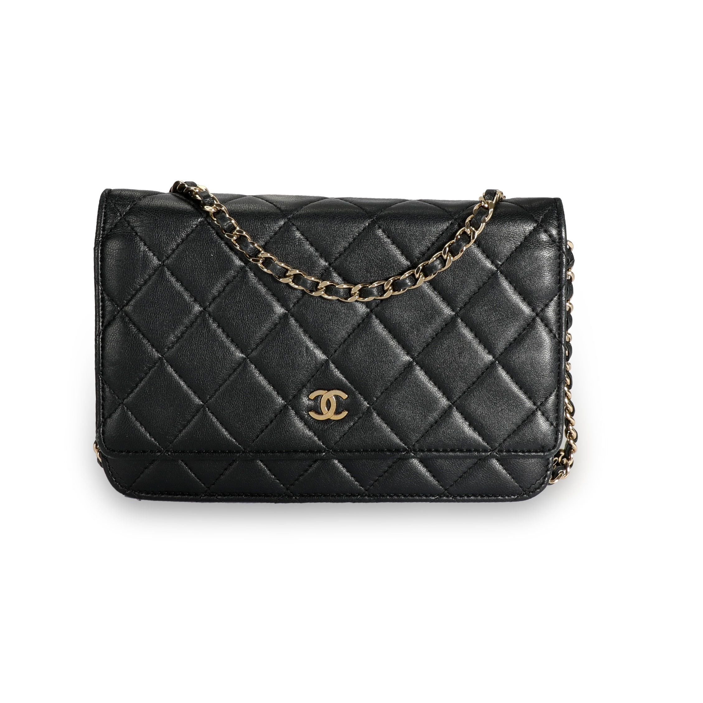image of Chanel Black Quilted Lambskin Wallet On Chain, Women's