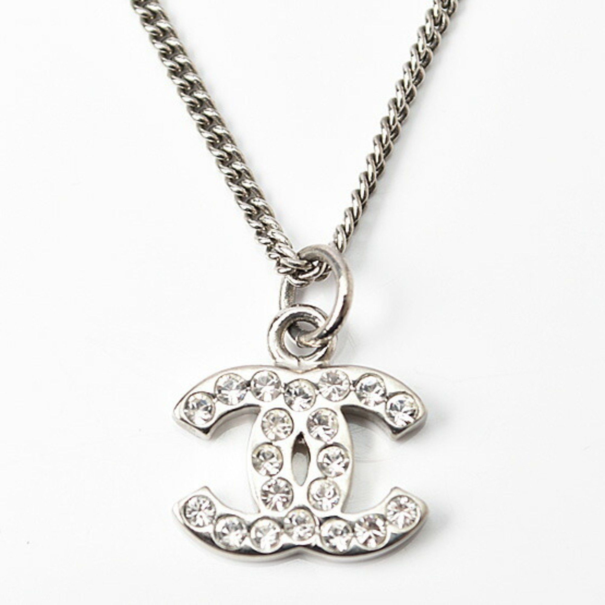 image of Chanel Necklace Pendant Coco Mark Cc Rhinestone Silver White, Women's