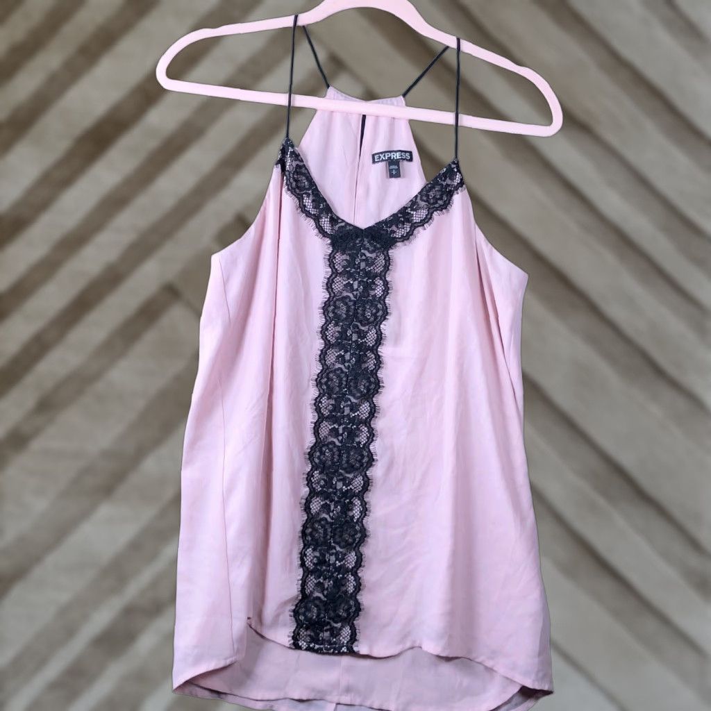 Express Express Womens Blouse Pink Black Lace V Neck Sleeveless Tank Keyhole Back Small Size S / US 4 / IT 40 - 1 Thumbnail