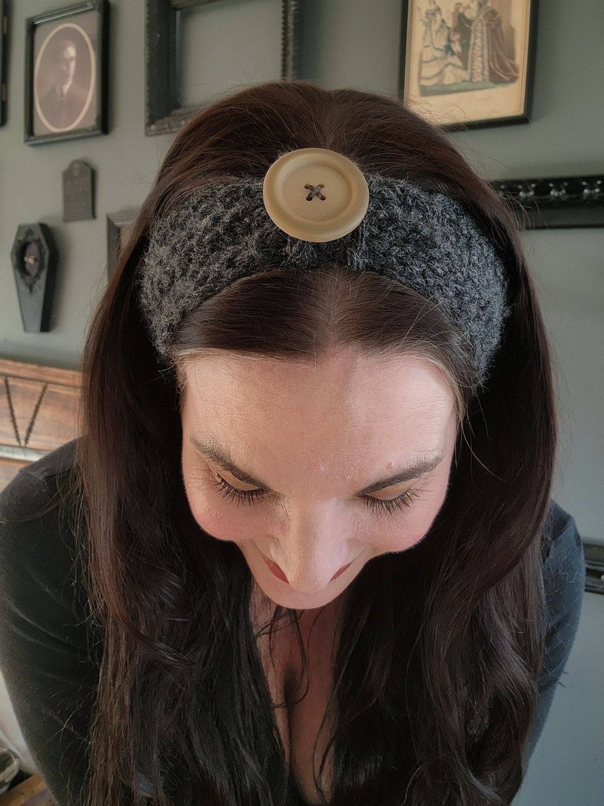 Handmade Hand Knit Headband, Earwarmer in Gray, with a Vintage Button Size ONE SIZE - 1 Thumbnail