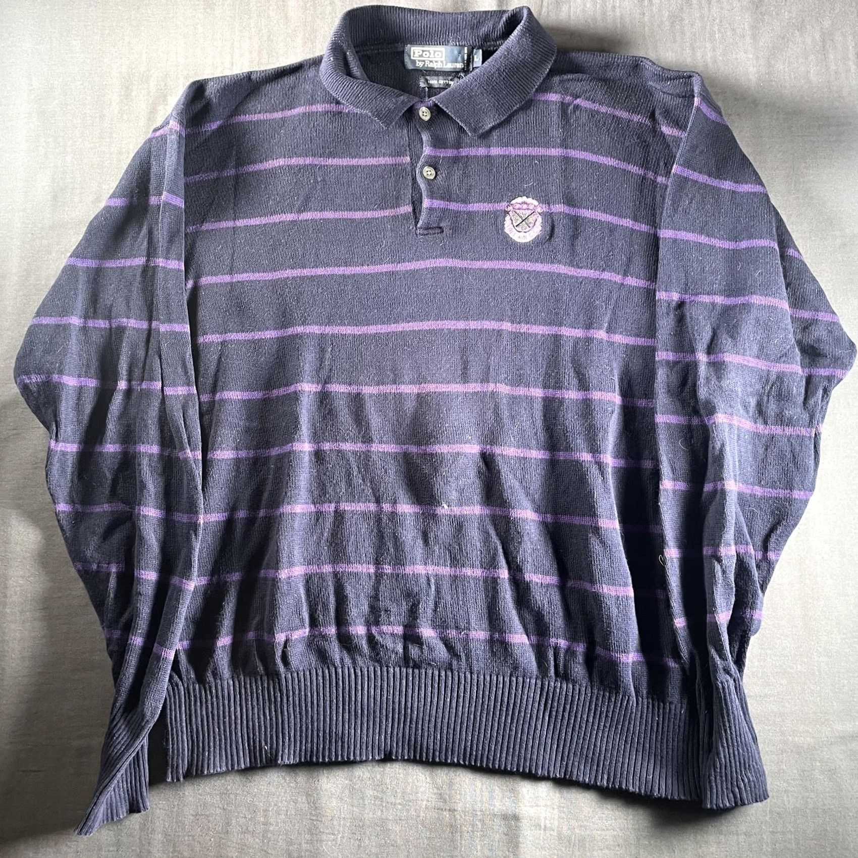 Polo Ralph Lauren VINTAGE Polo Ralph Lauren Sweater Mens Large Navy Purple Striped Bel Air Golf Club 90s Pullover Knit Cotton/Collared Mens Size US L / EU 52-54 / 3 - 4 Thumbnail