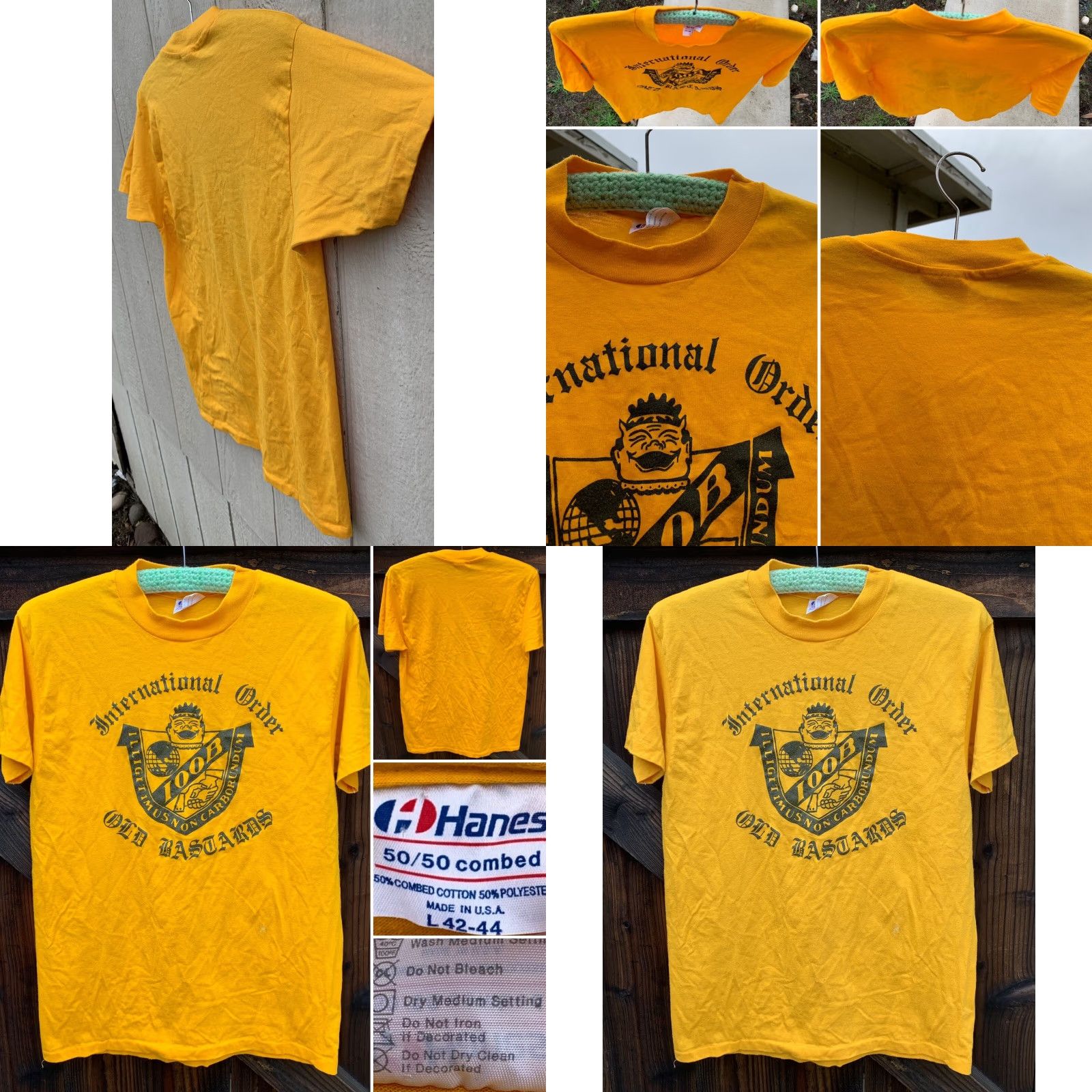 Hanes VINTAGE Hanes T-Shirt IOOB Old Bastards Graphic Print Crew Neck Short Sleeve L Yellow 50/50 Cotton Polyester Men Size US L / EU 52-54 / 3 - 8 Thumbnail