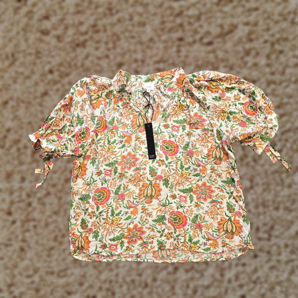 Nicole Miller Nicole Miller Top Womens Size Medium Green Orange Floral Puffed Sleeve Casual Blouse Size M / US 6-8 / IT 42-44 - 1 Thumbnail