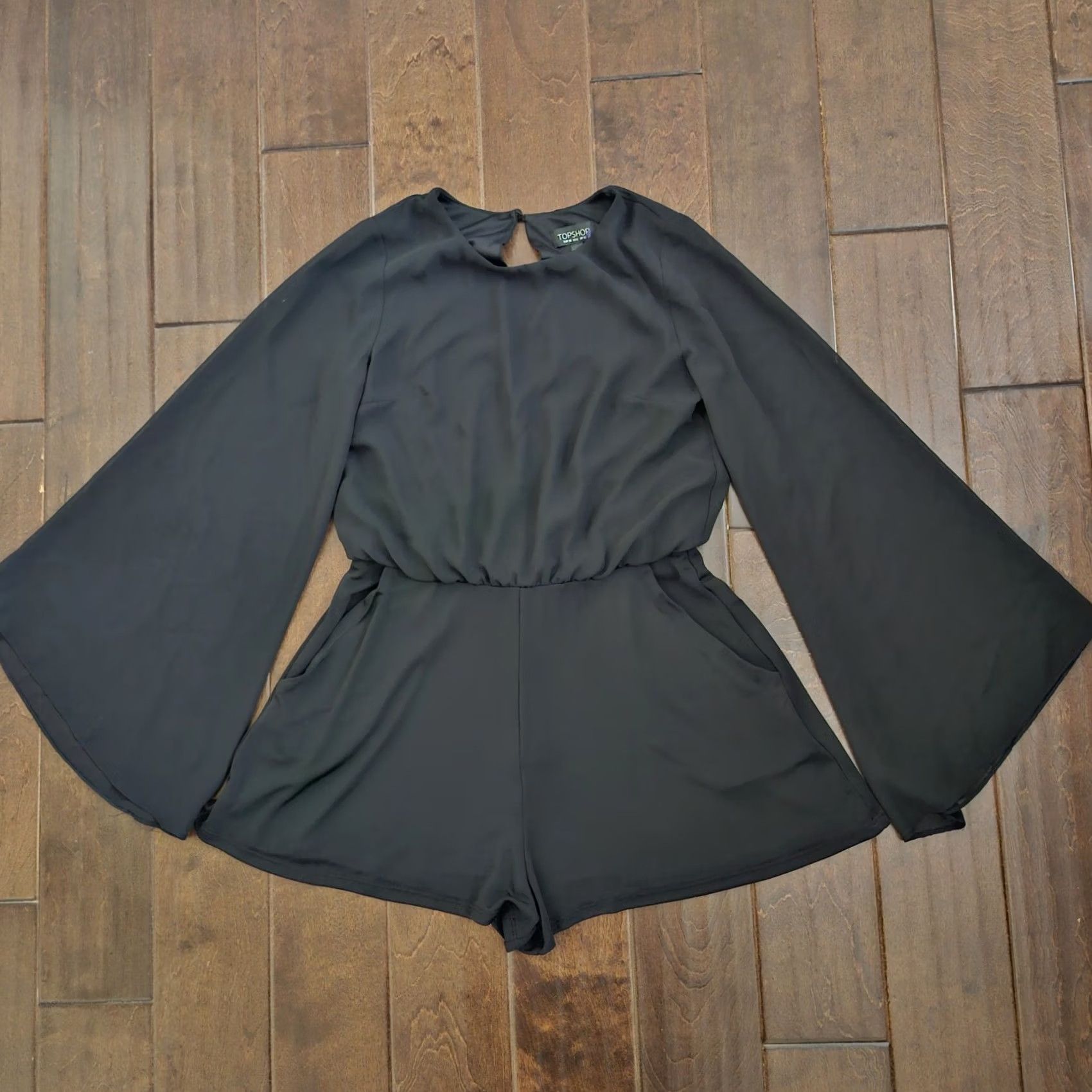 Topshop Topshop Romper Shirt Bell Sleeve Black 6 Womens Regular One-Piece Dressy Romper Size 28" / US 6 / IT 42 - 2 Thumbnail