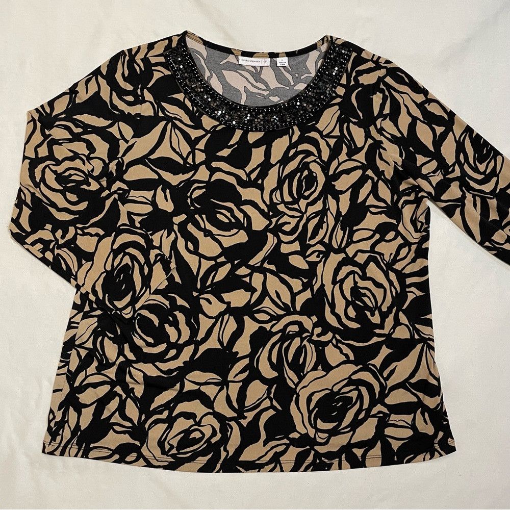 Other Susan Graver Floral Liquid Knit Embellished Neck Tunic Top Size L / US 10 / IT 46 - 5 Thumbnail