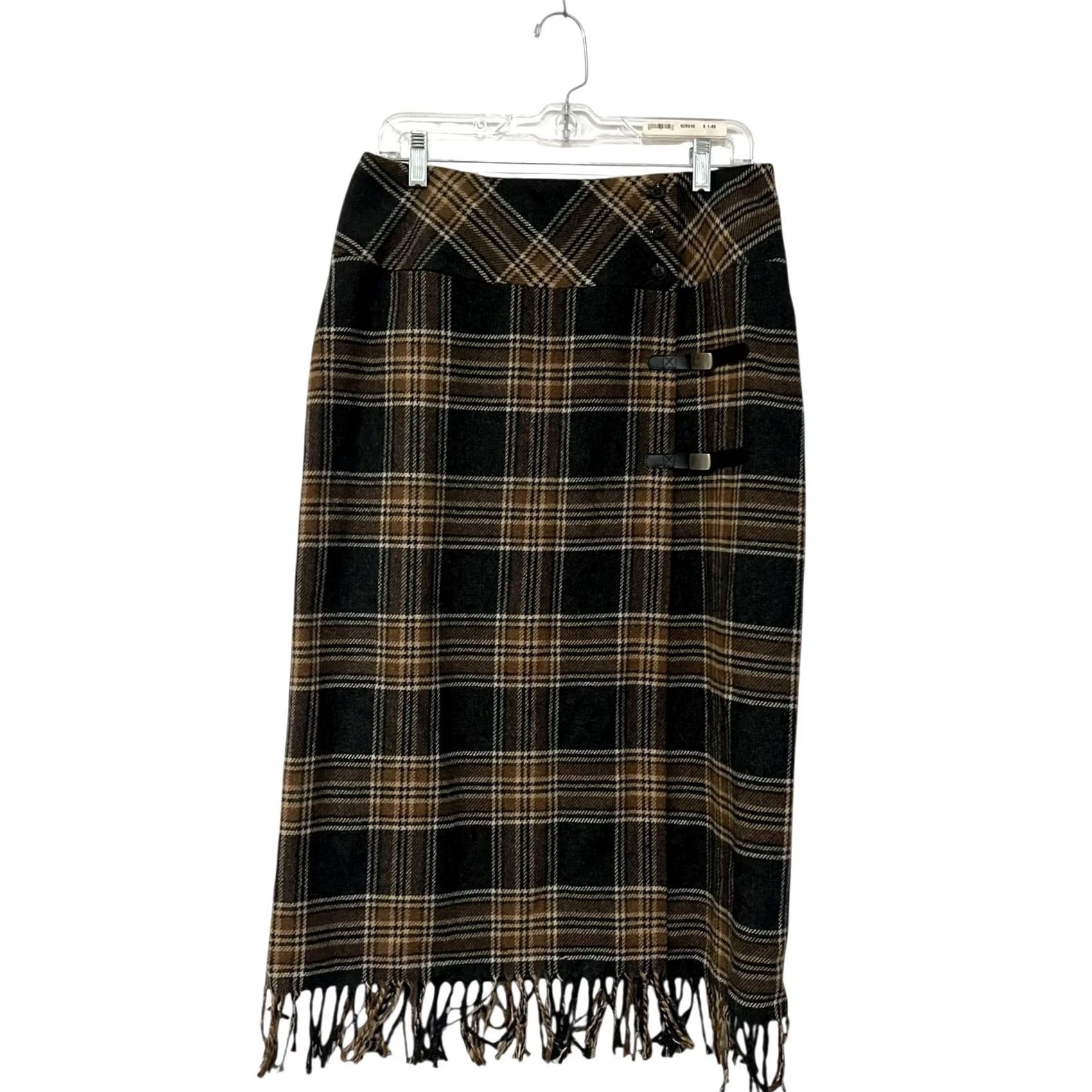 Vintage VINTAGE David N. Plaid Wool Blend Midi Wrap Skirt Buckle Fringe Size 10 Women’s, 90s Academia, Fall/Winter, Button Closure, Brown Size 32" / US 10 / IT 46 - 4 Thumbnail