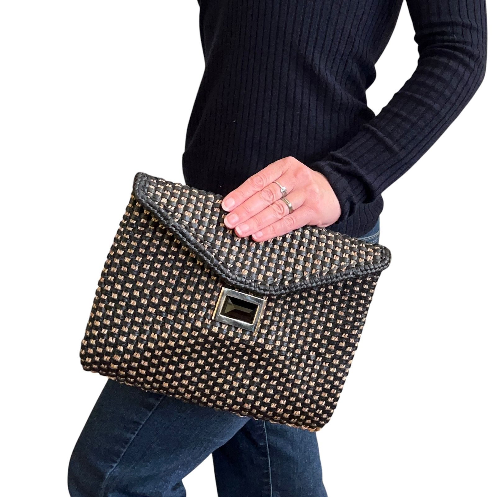Other Kara Ross NY Woven Straw Black Leather Onyx Envelope Clutch Size ONE SIZE - 2 Thumbnail