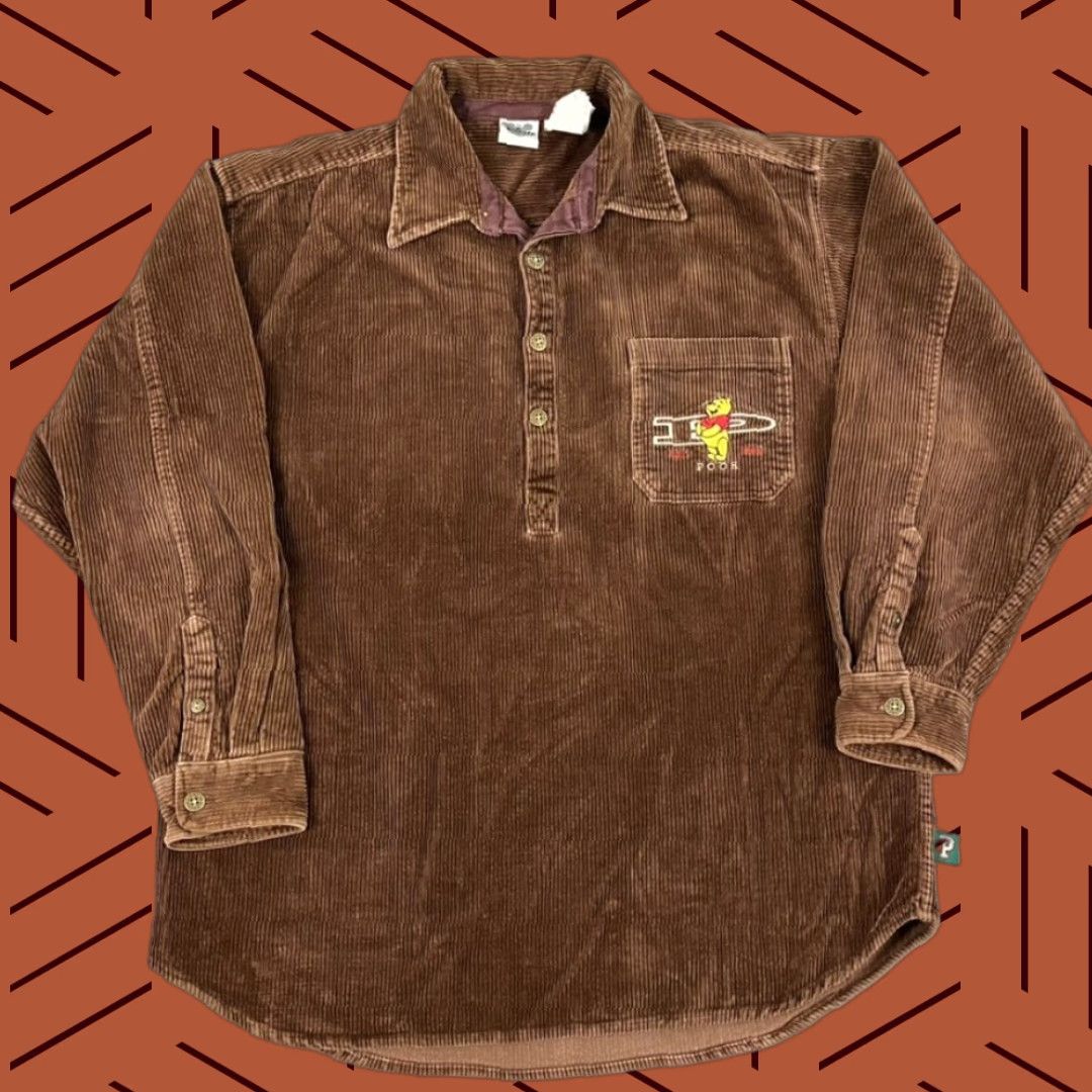 Disney VINTAGE Disney Winnie The Pooh Polo Shirt Men's XL Brown Corduroy Embroidered Short/Long Sleeve Button-Up Classic Casual Apparel Size US XL / EU 56 / 4 - 1 Thumbnail