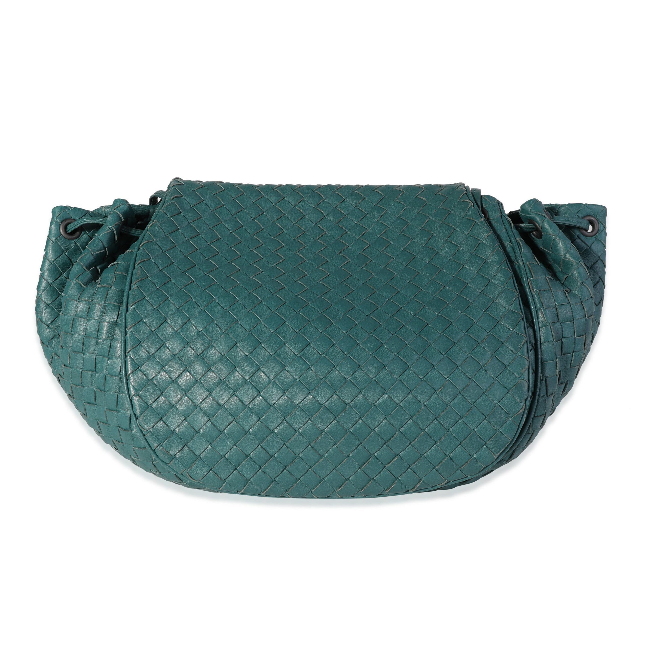 image of Bottega Veneta Deep Teal Intrecciato Drawstring Flap Messenger Bag in Green, Women's