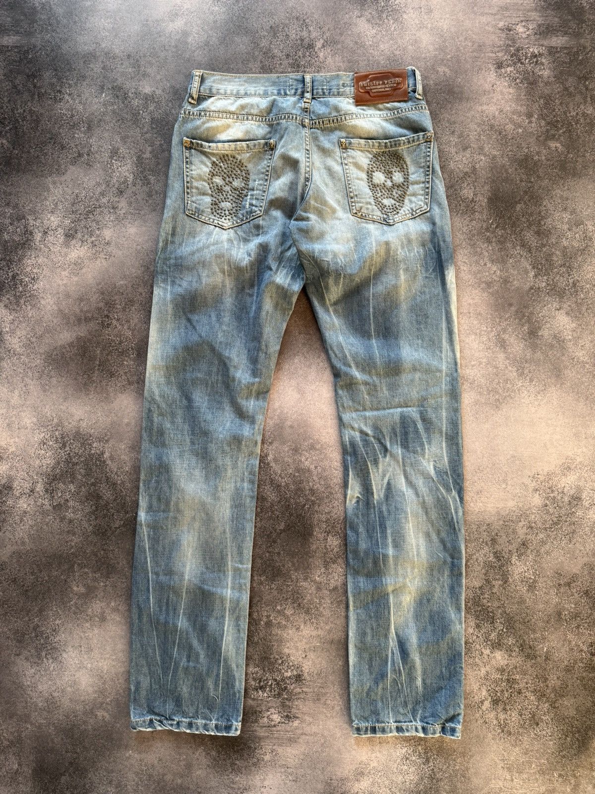 Philip Plein Skull Embossed Crash Distressed Straight Jeans